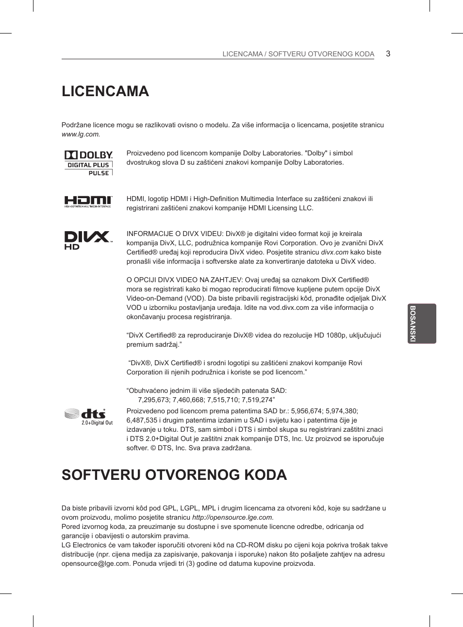 Licencama, Softveru otvorenog koda | LG 37LM620S User Manual | Page 403 / 517