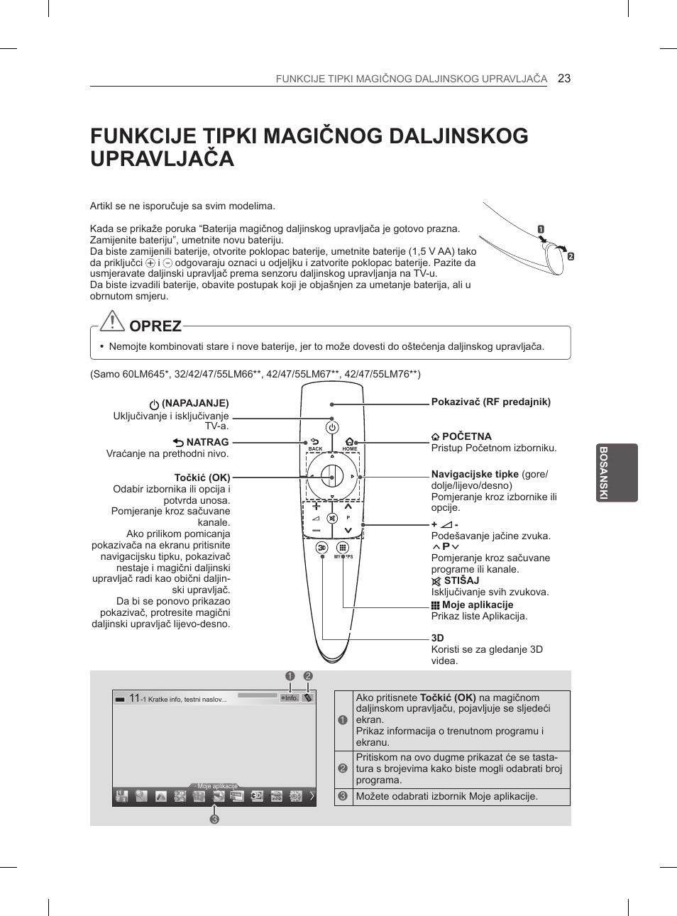 Funkcije tipki magičnog daljinskog upravljača, Oprez | LG 37LM620S User Manual | Page 423 / 517