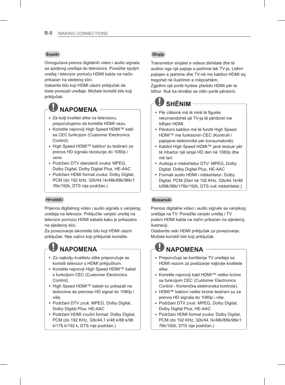 Shënim, Napomena | LG 37LM620S User Manual | Page 464 / 517