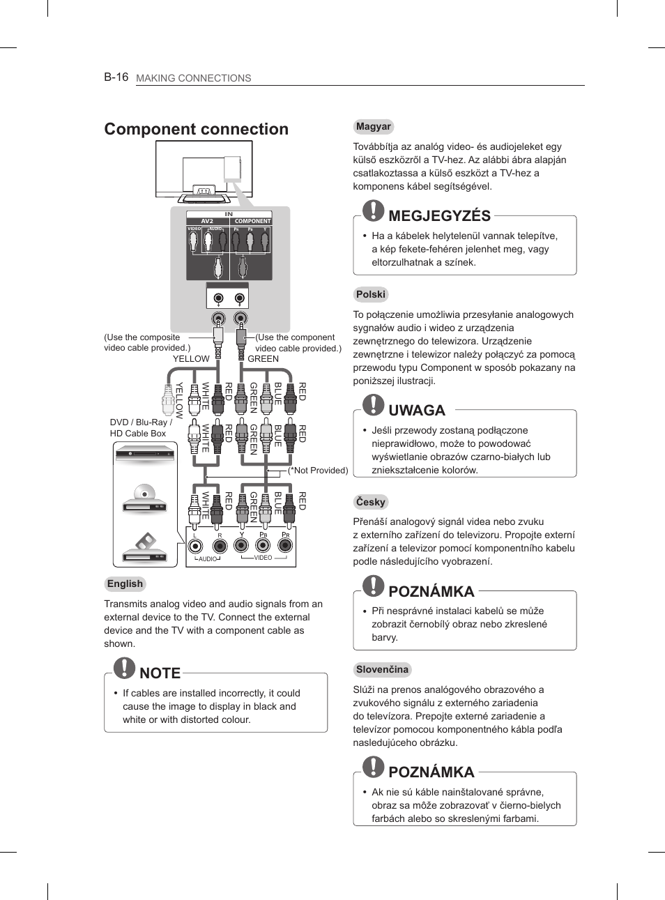 Component connection, Megjegyzés, Uwaga | Poznámka | LG 37LM620S User Manual | Page 472 / 517