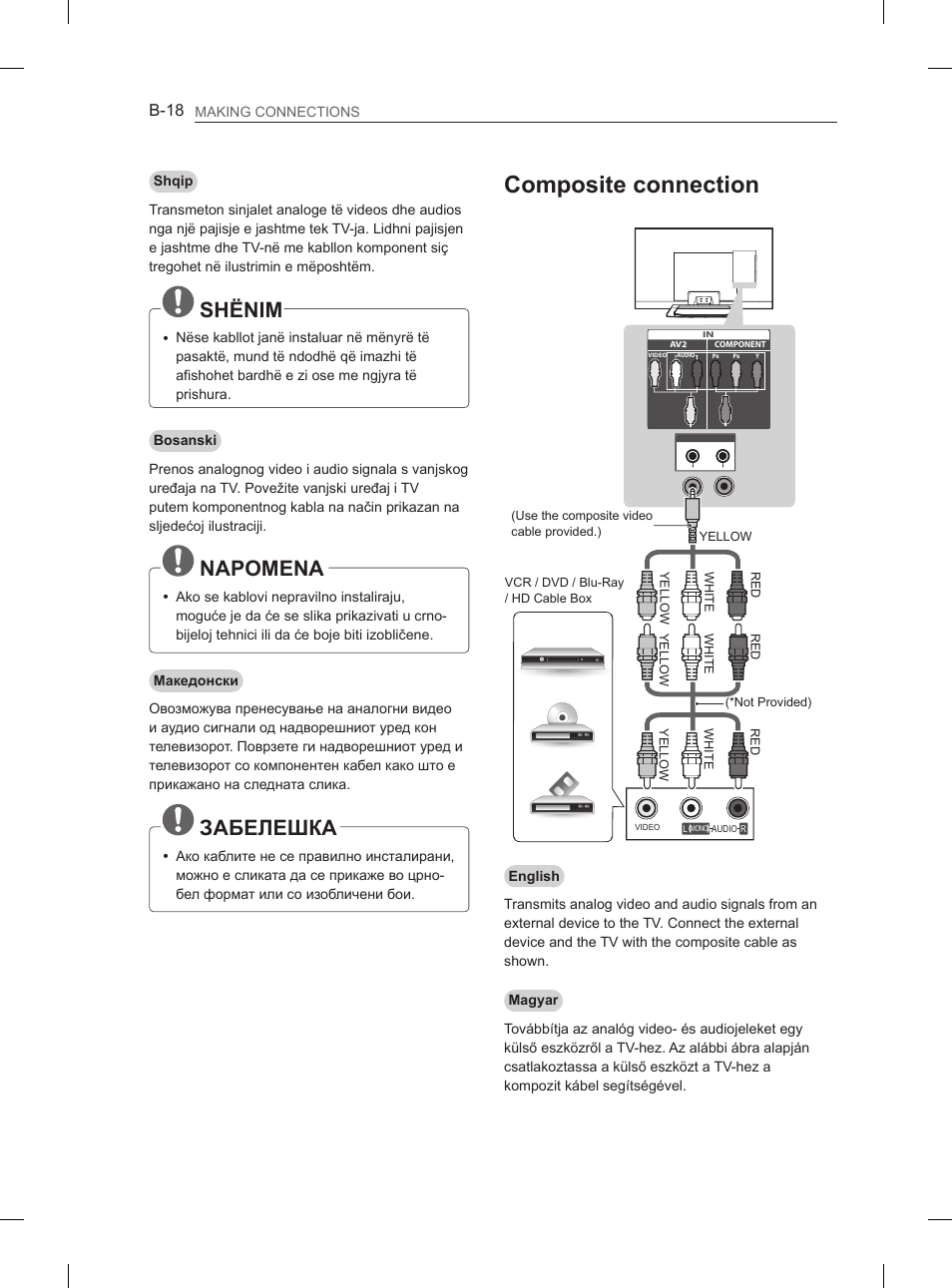 Composite connection, Shënim, Napomena | Забелешка, B-18 | LG 37LM620S User Manual | Page 474 / 517