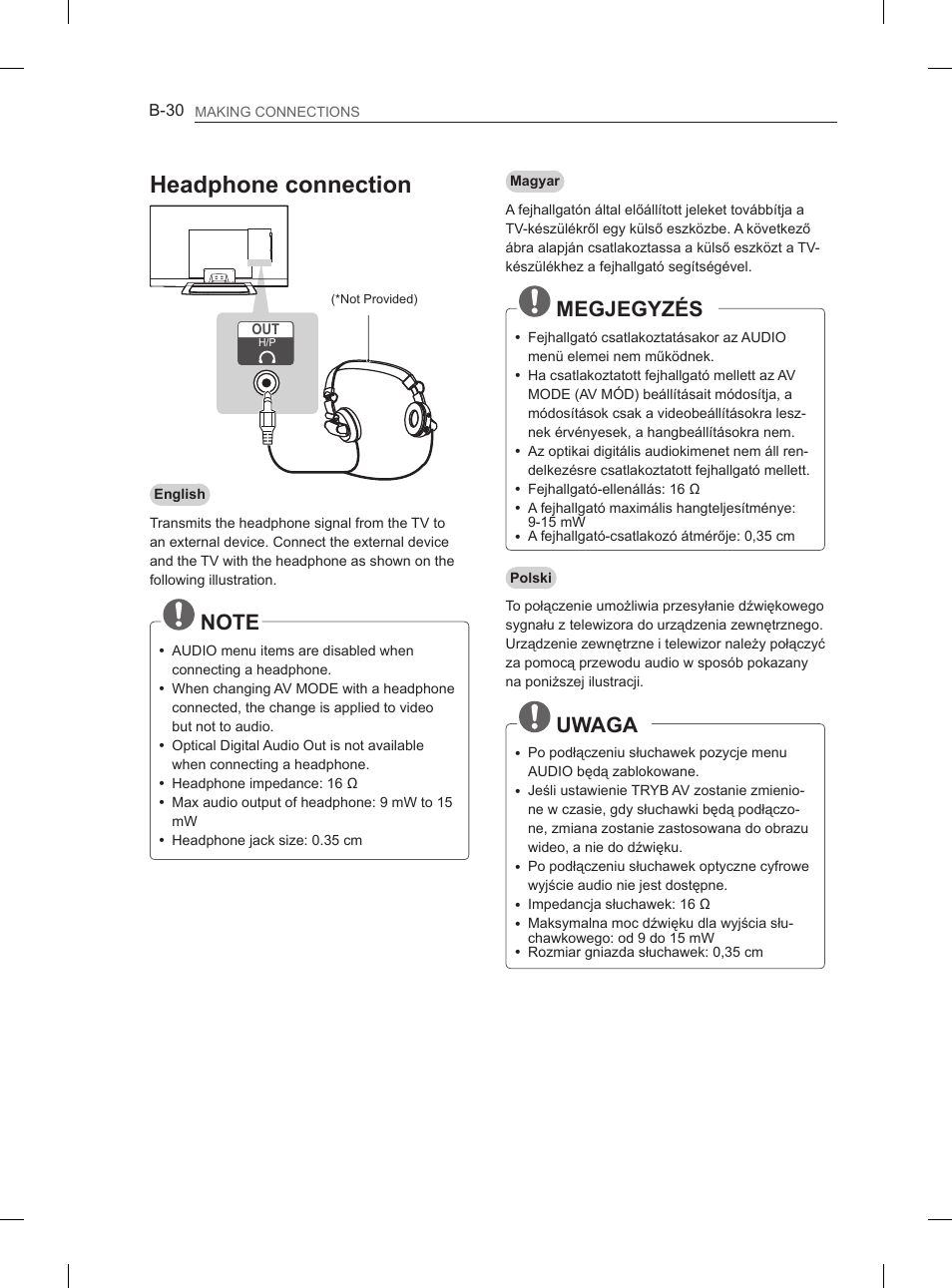 Headphone connection, Megjegyzés, Uwaga | LG 37LM620S User Manual | Page 486 / 517