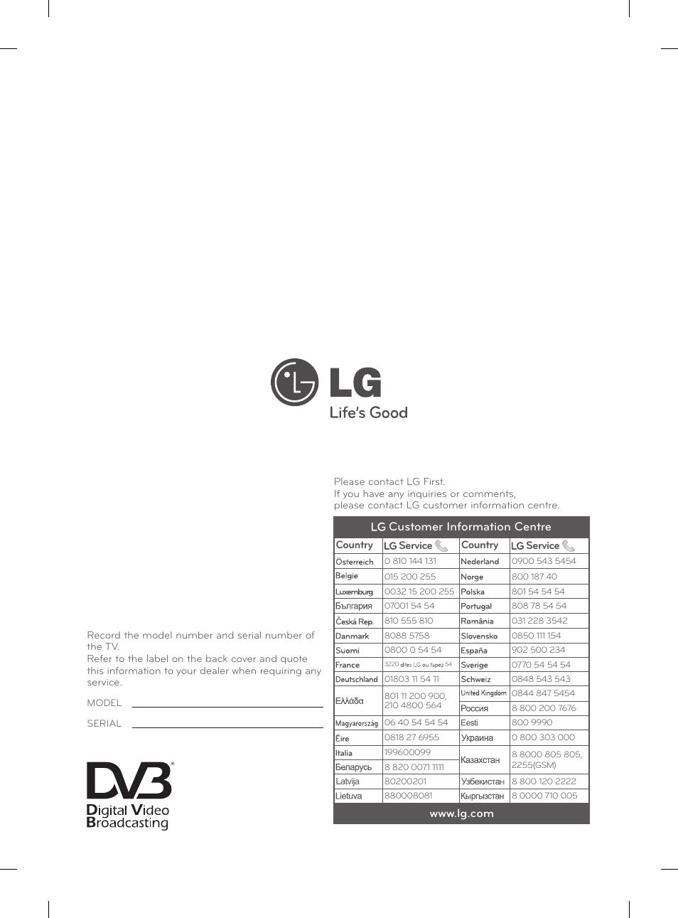 Customer information centre | LG 37LM620S User Manual | Page 517 / 517