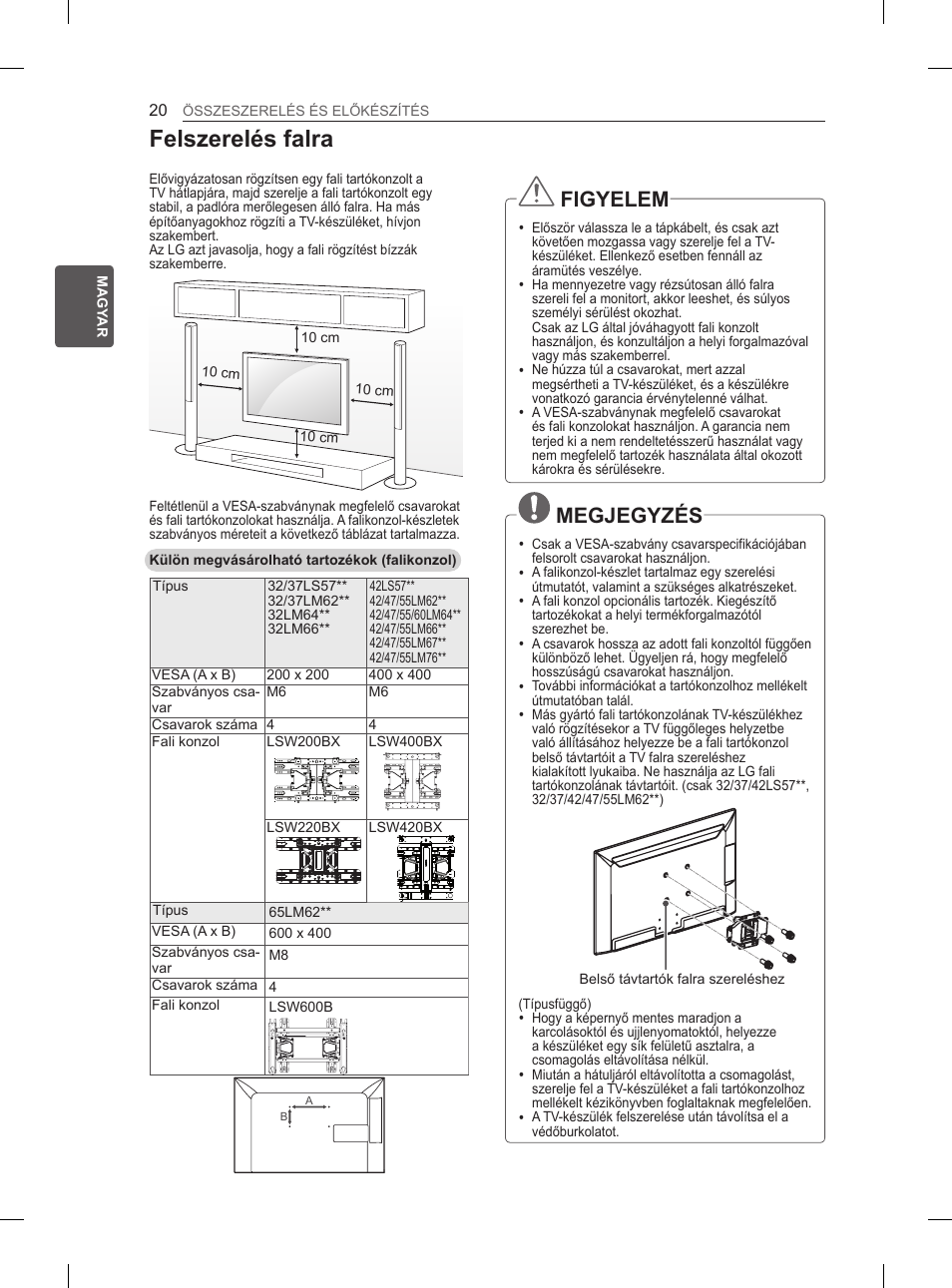 Felszerelés falra, Figyelem, Megjegyzés | LG 37LM620S User Manual | Page 56 / 517