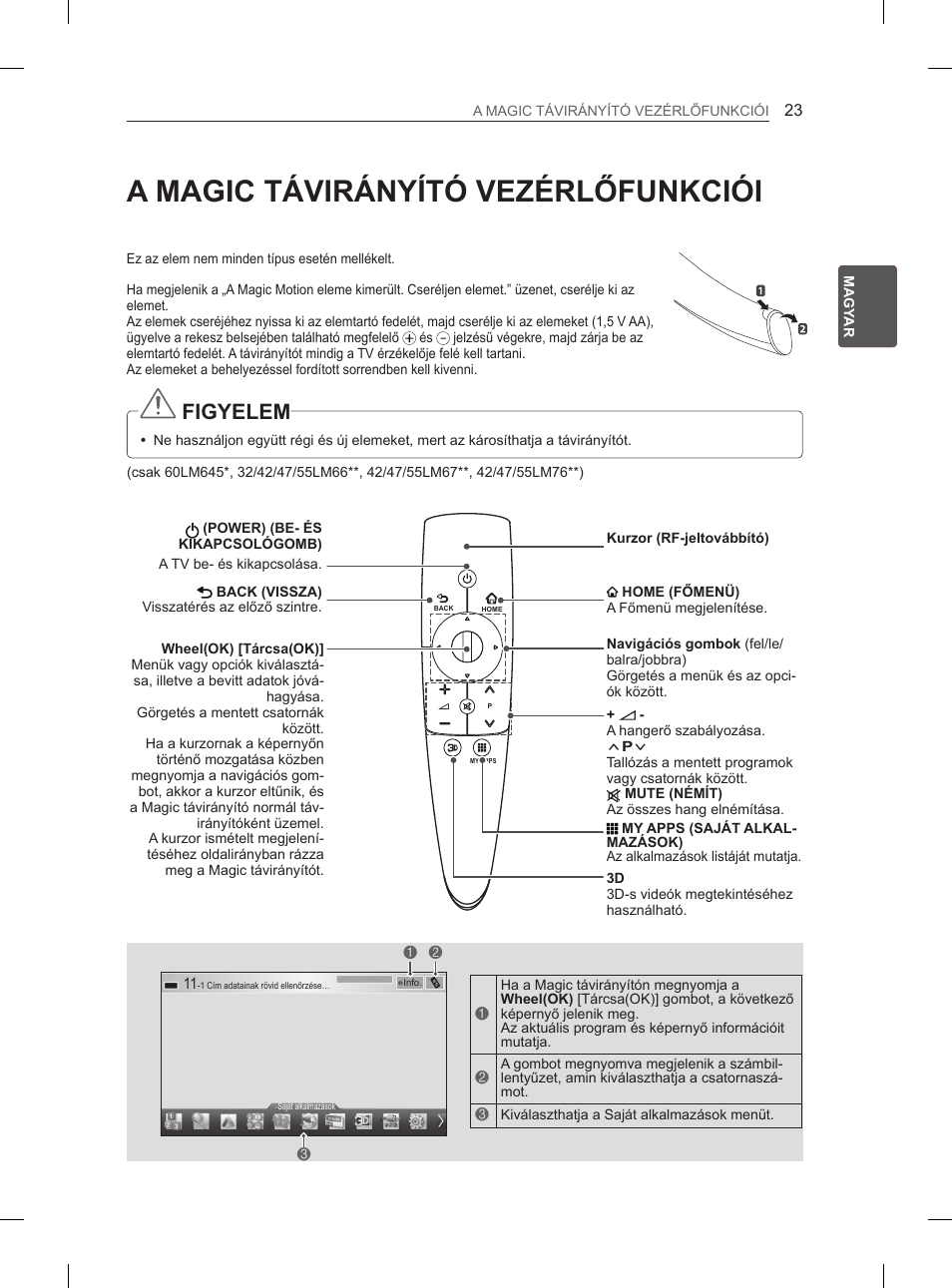 A magic távirányító vezérlőfunkciói, Figyelem | LG 37LM620S User Manual | Page 59 / 517