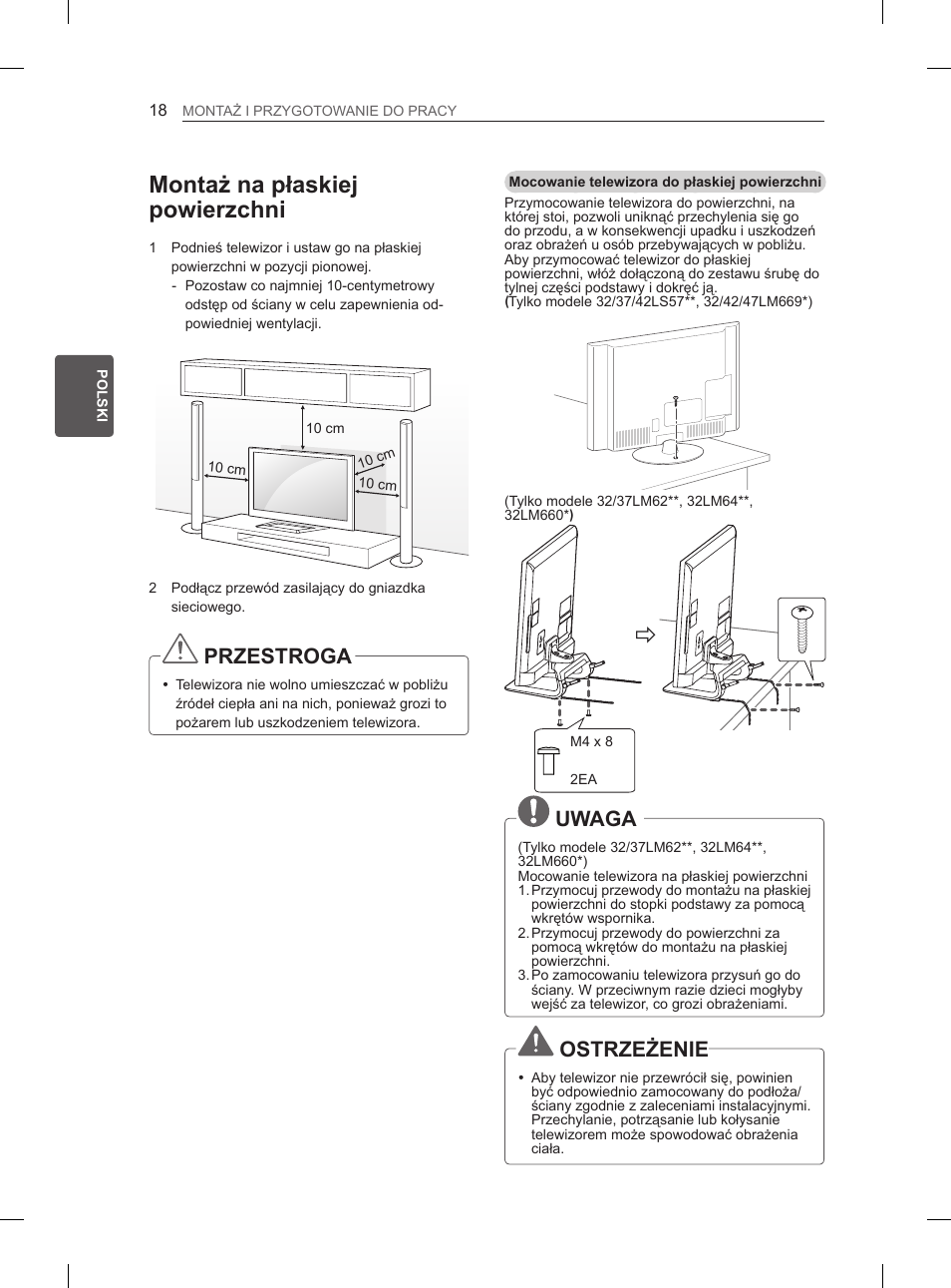 Montaż na płaskiej powierzchni, Przestroga, Uwaga | Ostrzeżenie | LG 37LM620S User Manual | Page 82 / 517