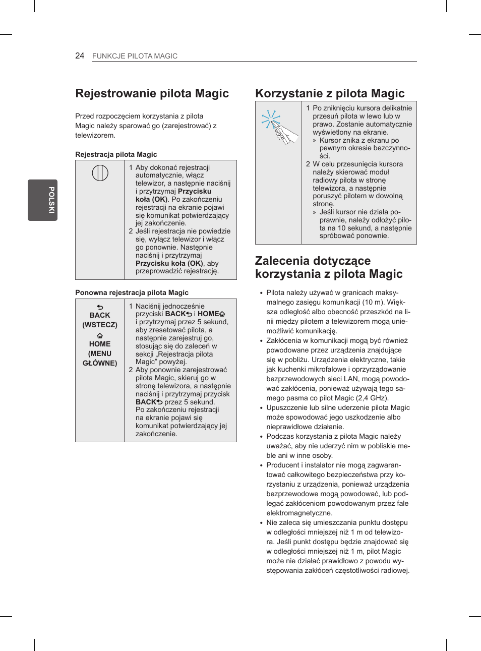 Rejestrowanie pilota magic, Korzystanie z pilota magic, Zalecenia dotyczące korzystania z pilota magic | LG 37LM620S User Manual | Page 88 / 517