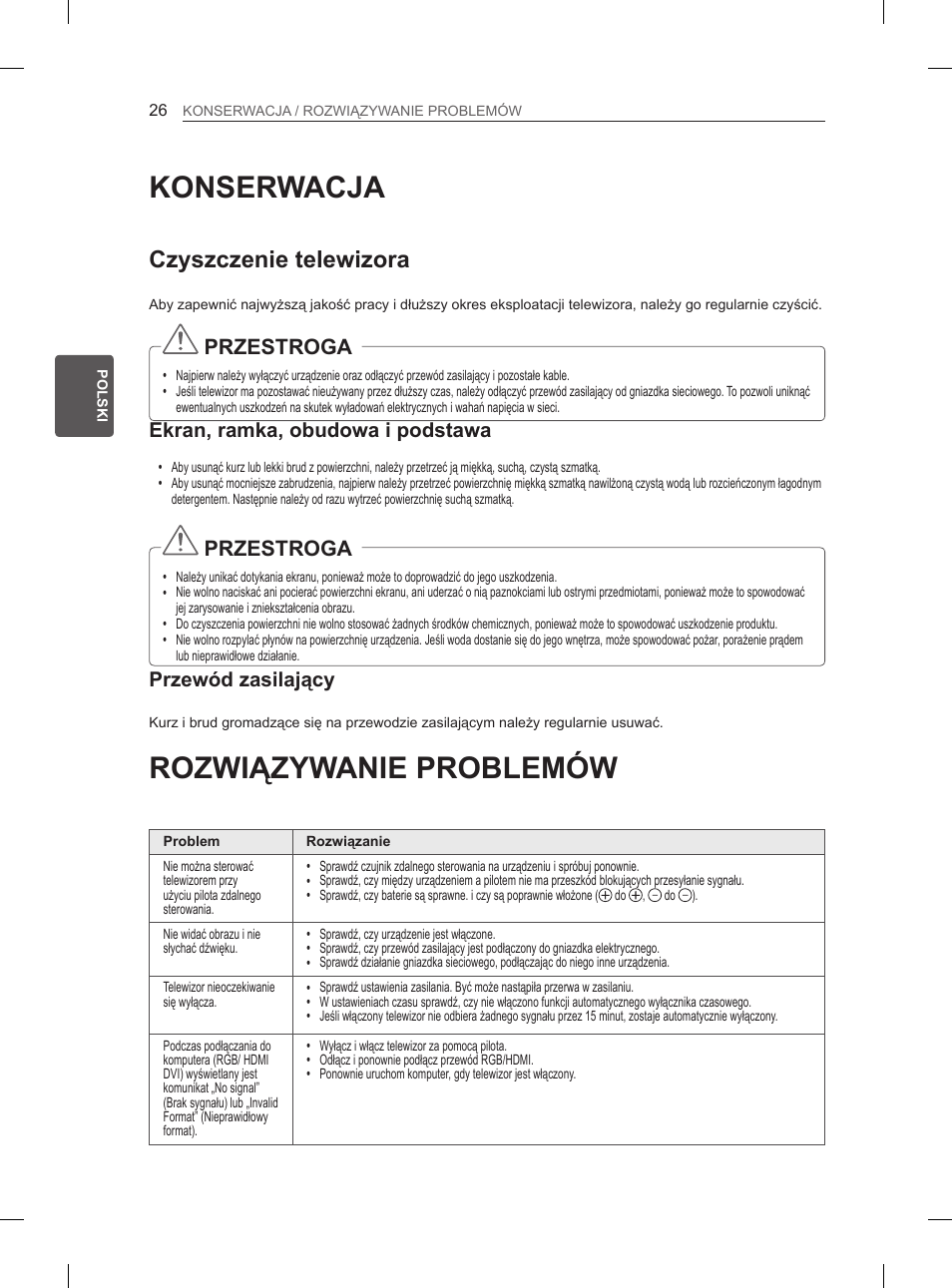 Konserwacja, Rozwiązywanie problemów, Czyszczenie telewizora | Przestroga, Ekran, ramka, obudowa i podstawa, Przewód zasilający | LG 37LM620S User Manual | Page 90 / 517