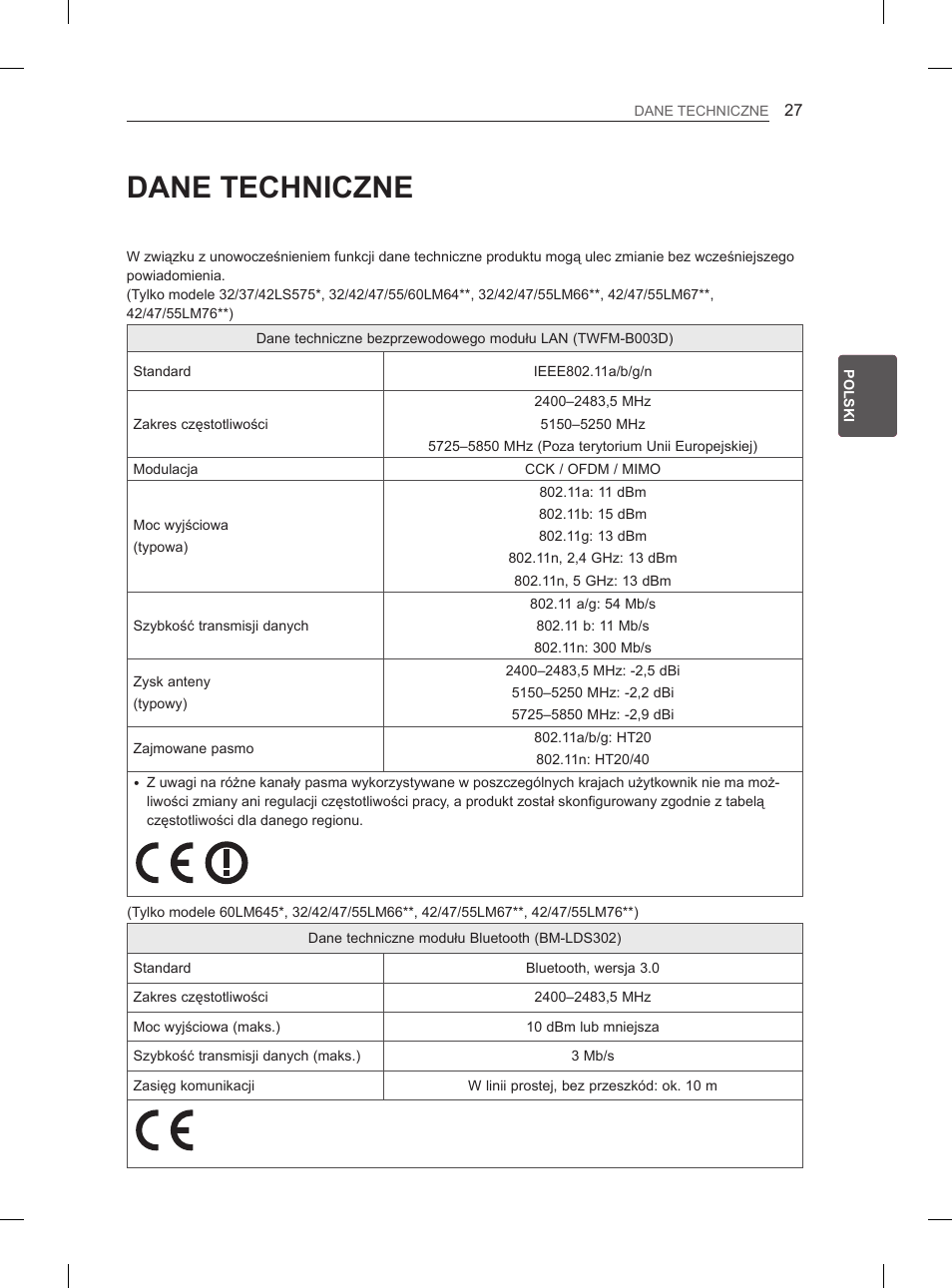 Dane techniczne | LG 37LM620S User Manual | Page 91 / 517