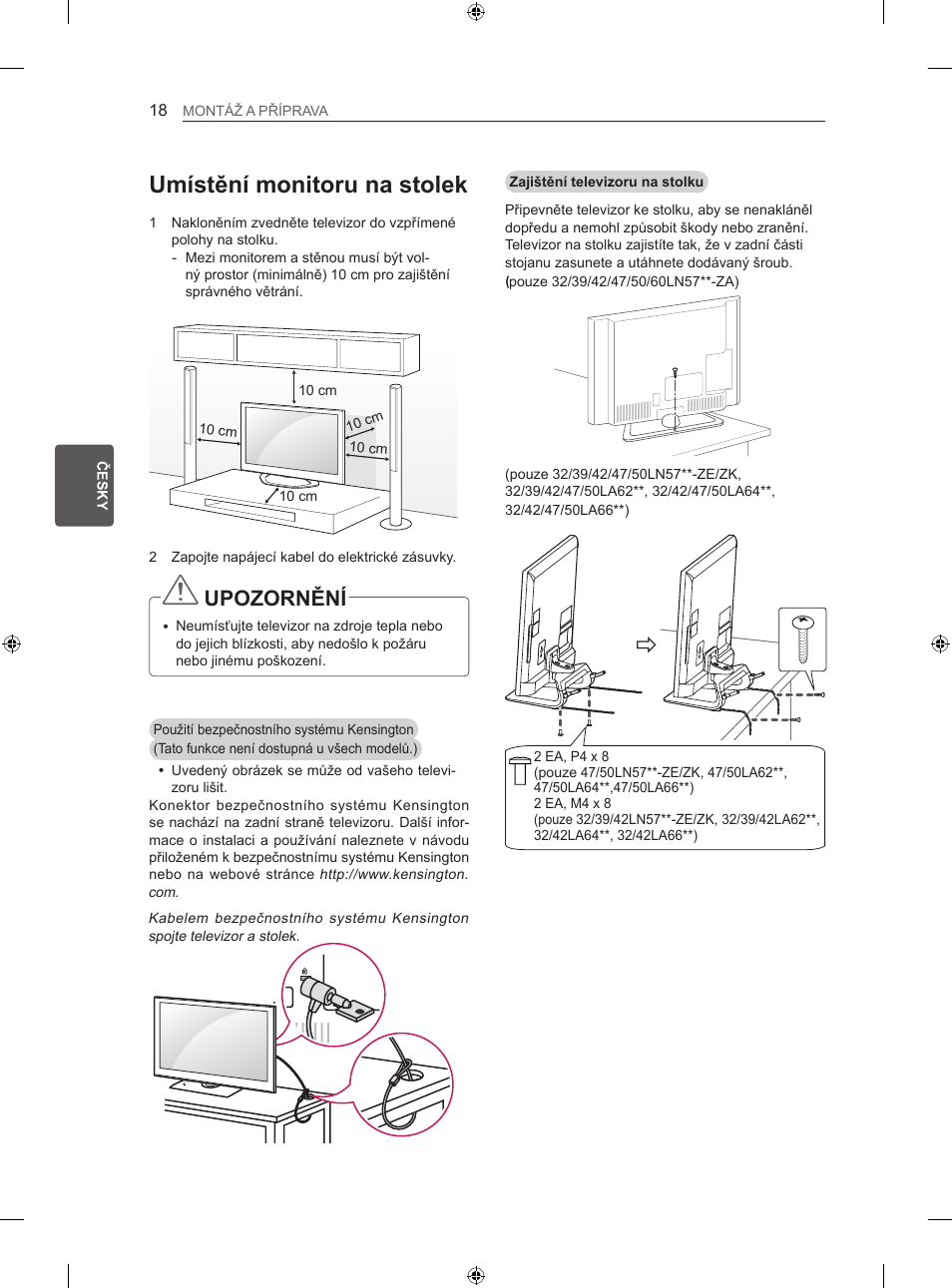 Umístění monitoru na stolek, Upozornění | LG 42LA740S User Manual | Page 114 / 552