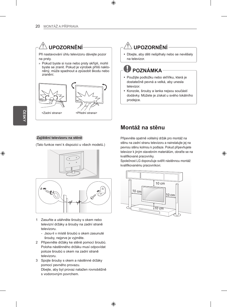 Montáž na stěnu, Upozornění, Poznámka | LG 42LA740S User Manual | Page 116 / 552