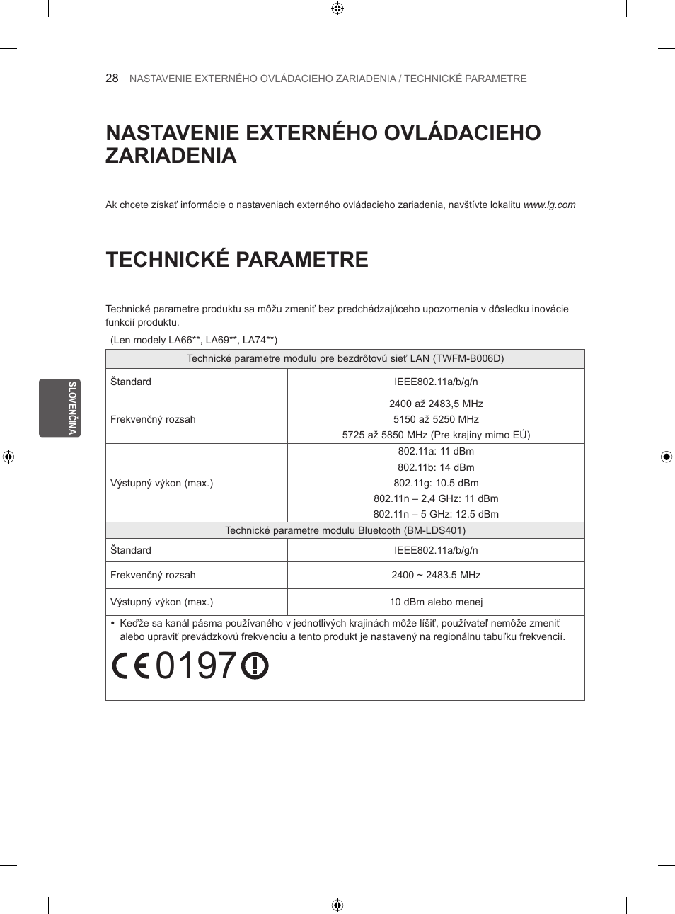 Technické parametre, Nastavenie externého ovládacieho zariadenia | LG 42LA740S User Manual | Page 154 / 552