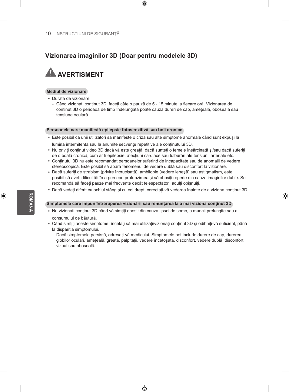 Avertisment, Vizionarea imaginilor 3d (doar pentru modelele 3d) | LG 42LA740S User Manual | Page 166 / 552