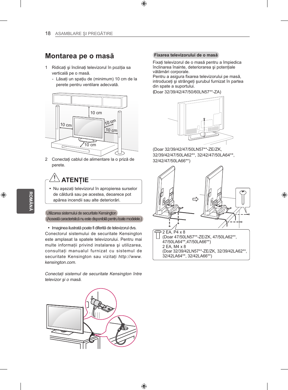 Montarea pe o masă, Atenţie | LG 42LA740S User Manual | Page 174 / 552