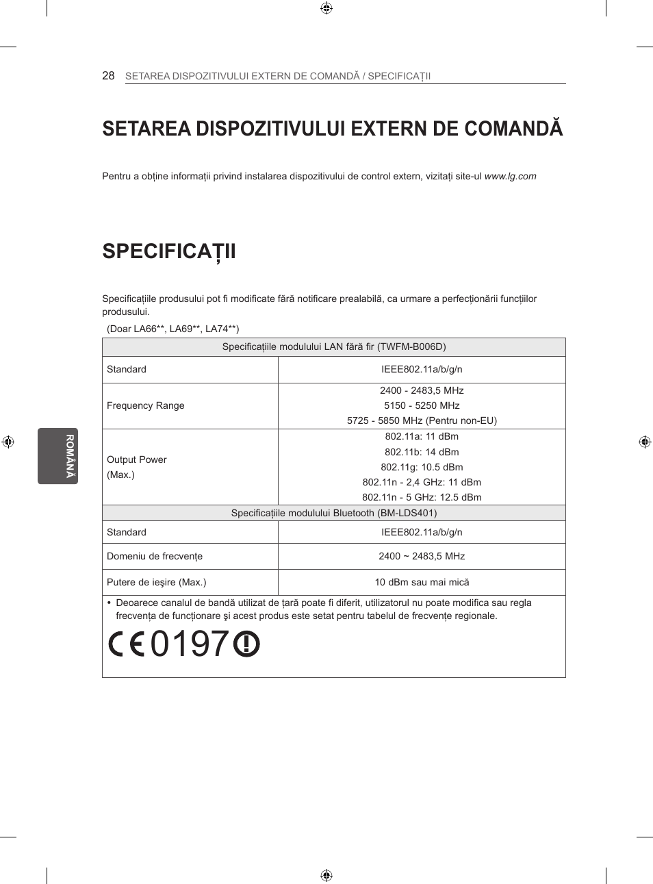 Specificaţii, Setarea dispozitivului extern de comandă | LG 42LA740S User Manual | Page 184 / 552