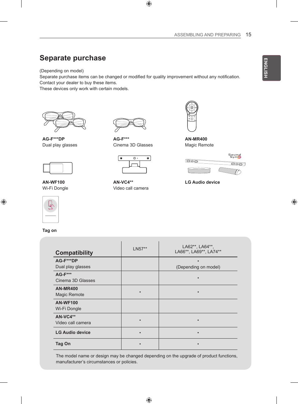 Separate purchase, Compatibility | LG 42LA740S User Manual | Page 21 / 552