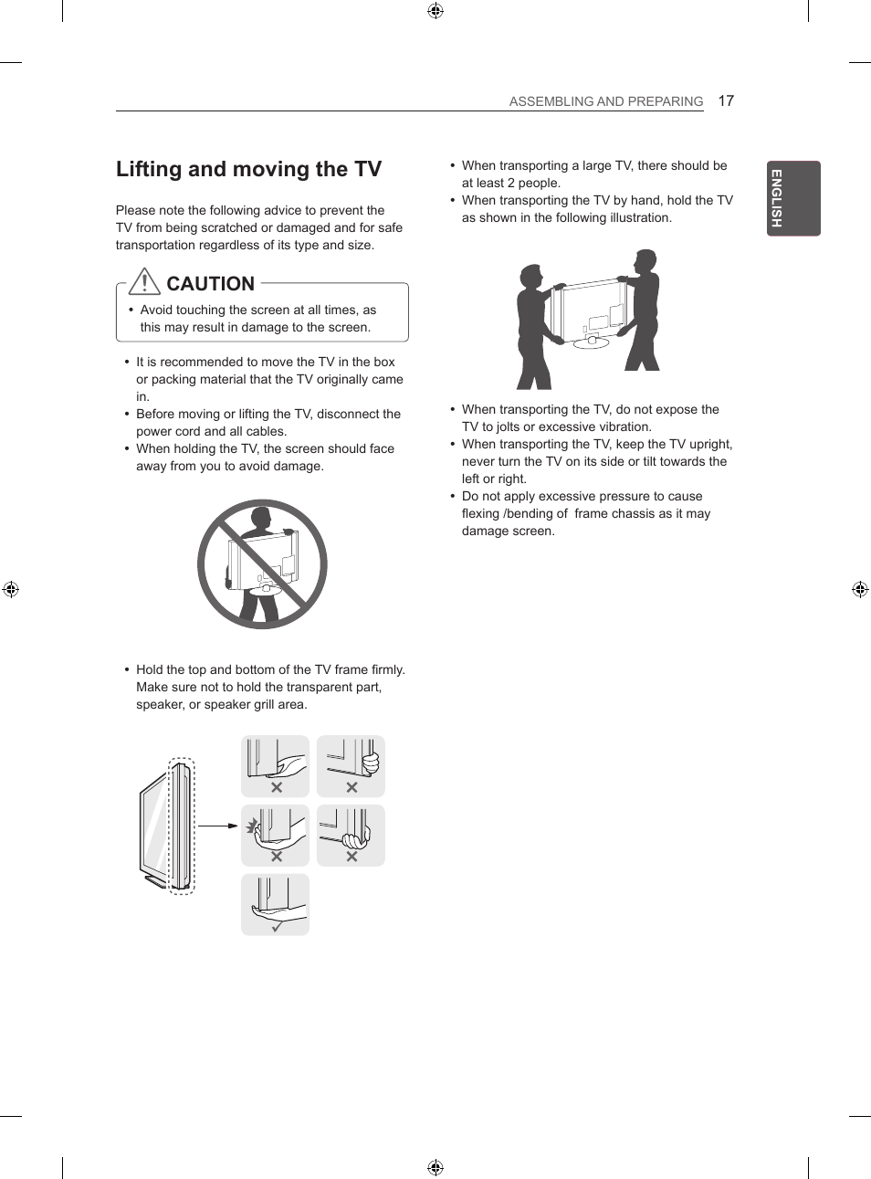 Lifting and moving the tv, Caution | LG 42LA740S User Manual | Page 23 / 552