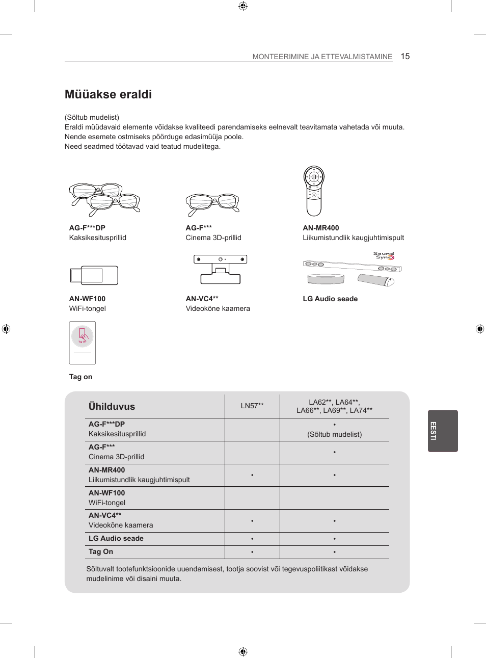 Müüakse eraldi, Ühilduvus | LG 42LA740S User Manual | Page 231 / 552