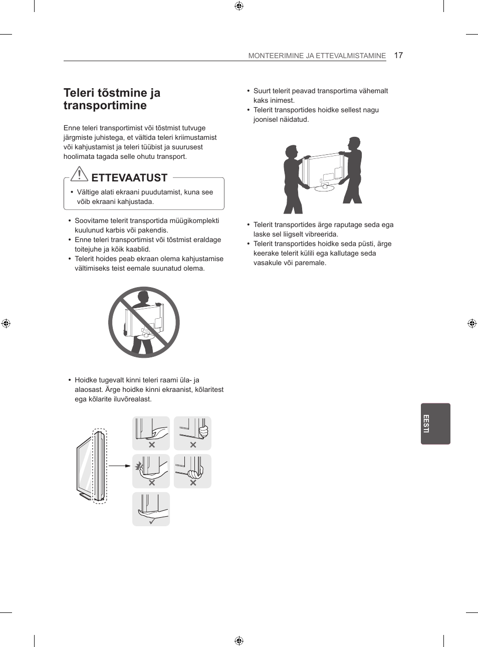 Teleri tõstmine ja transportimine, Ettevaatust | LG 42LA740S User Manual | Page 233 / 552