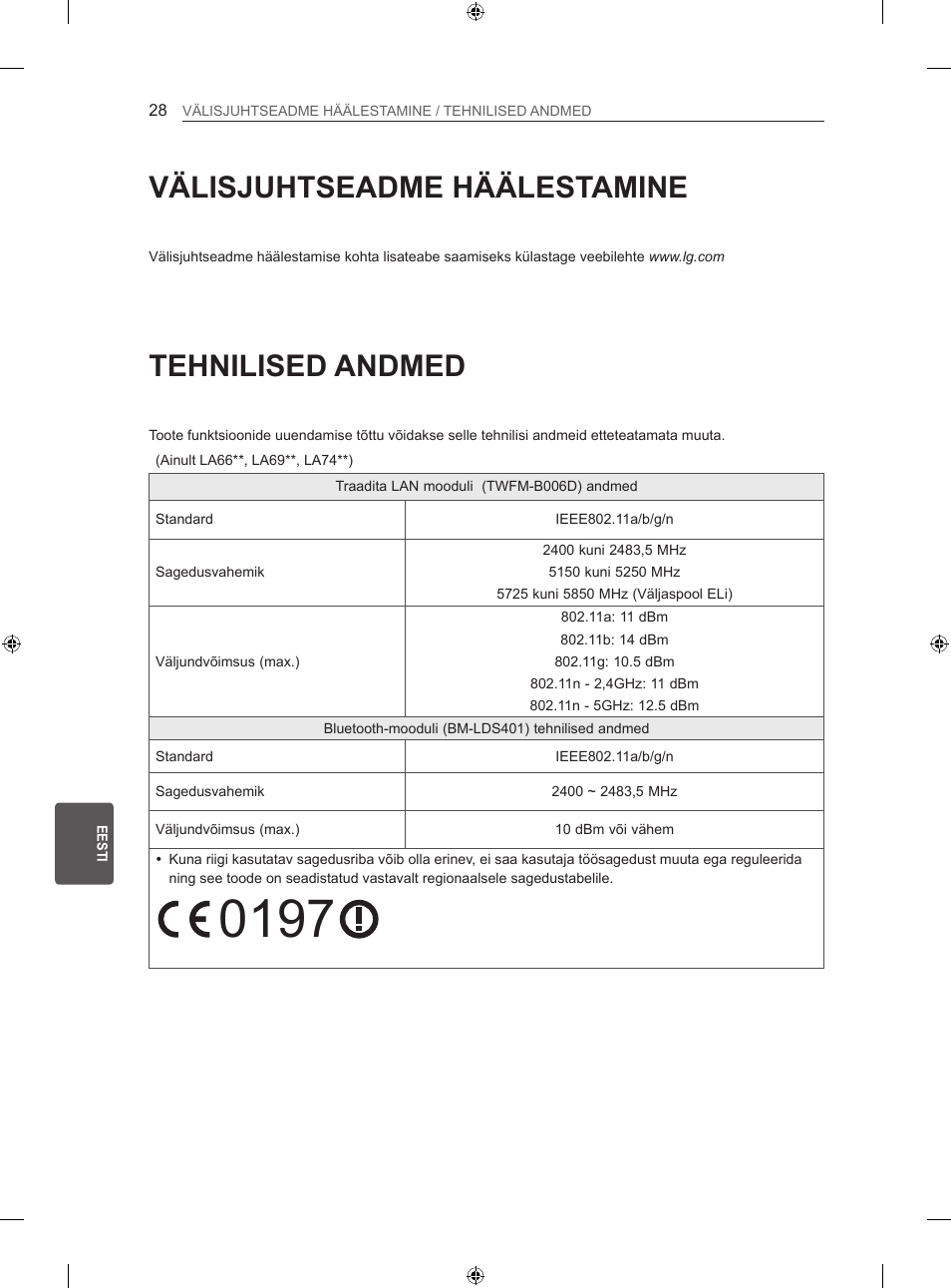 Tehnilised andmed, Välisjuhtseadme häälestamine | LG 42LA740S User Manual | Page 244 / 552