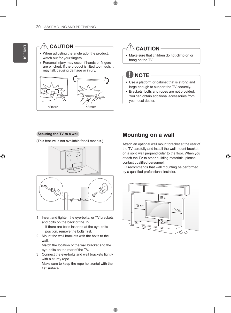 Mounting on a wall, Caution | LG 42LA740S User Manual | Page 26 / 552