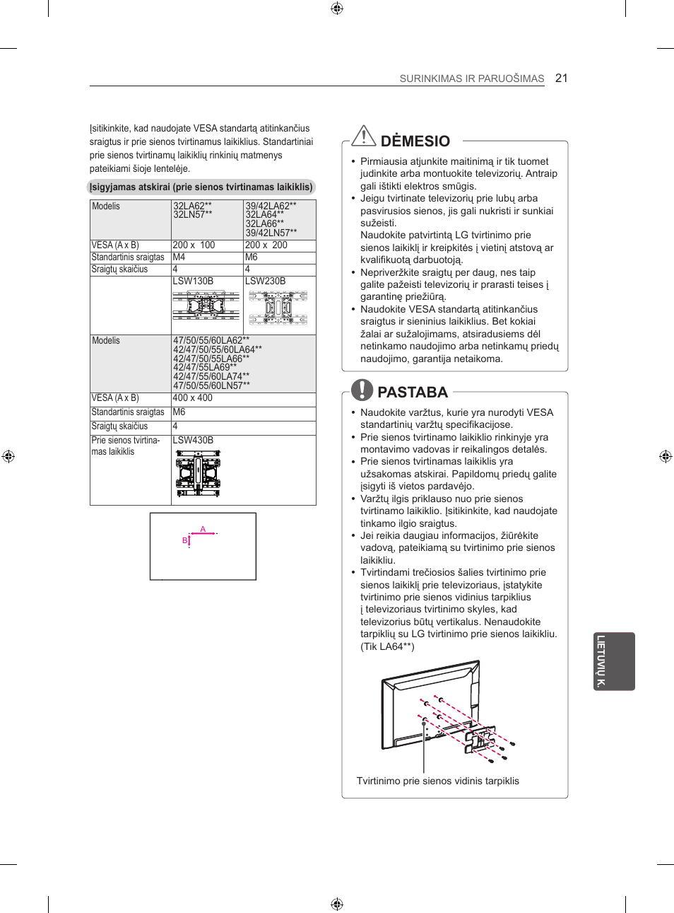 Dėmesio, Pastaba | LG 42LA740S User Manual | Page 267 / 552