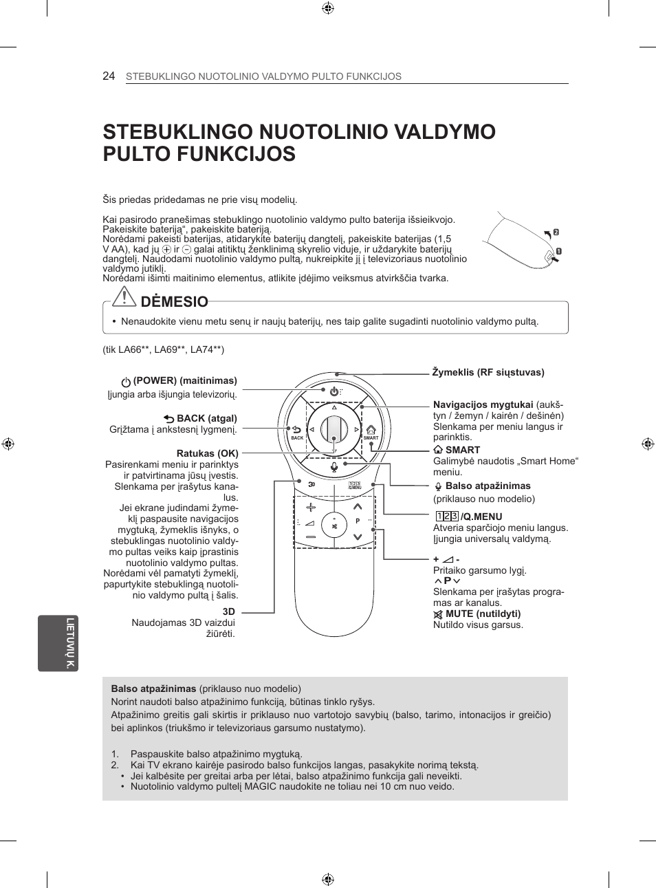 Stebuklingo nuotolinio valdymo pulto funkcijos, Dėmesio | LG 42LA740S User Manual | Page 270 / 552