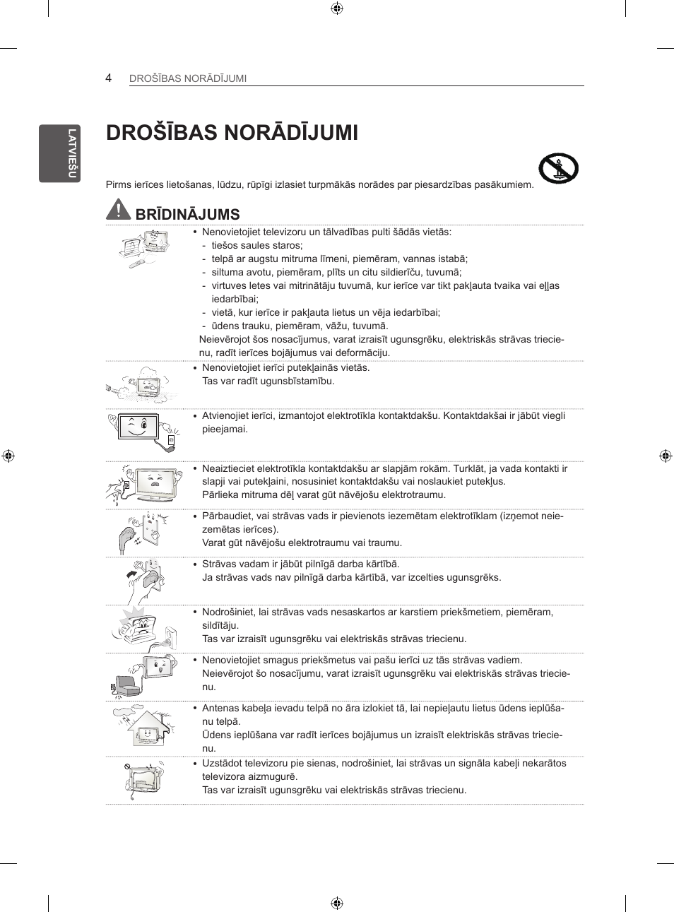 Drošības norādījumi, Brīdinājums | LG 42LA740S User Manual | Page 280 / 552