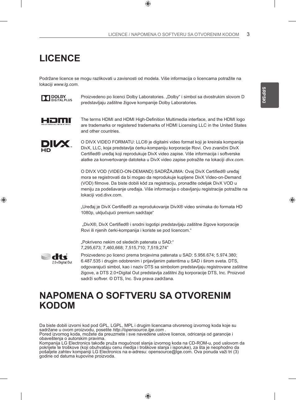 Licence, Napomena o softveru sa otvorenim kodom | LG 42LA740S User Manual | Page 309 / 552