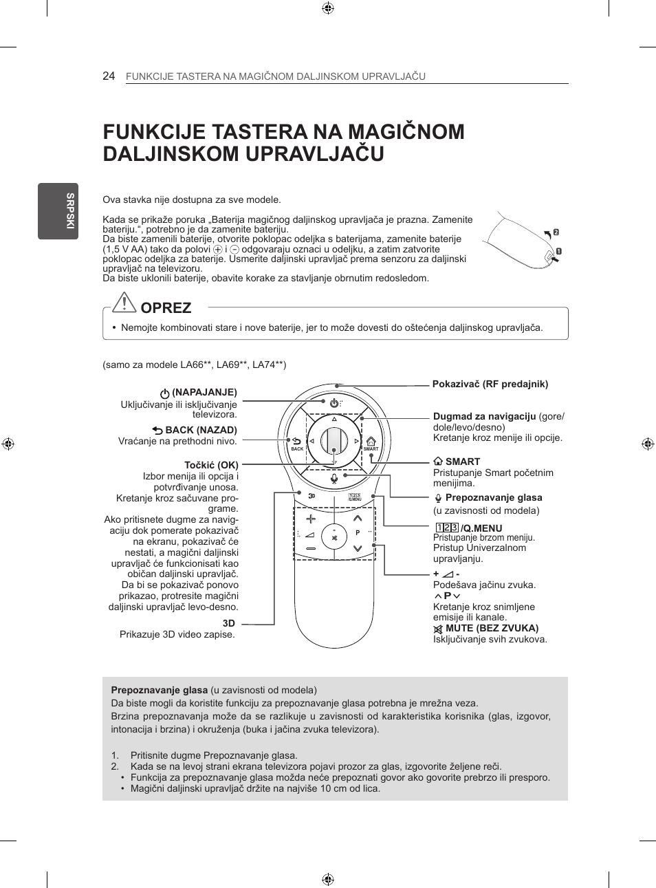 Funkcije tastera na magičnom daljinskom upravljaču, Oprez | LG 42LA740S User Manual | Page 330 / 552