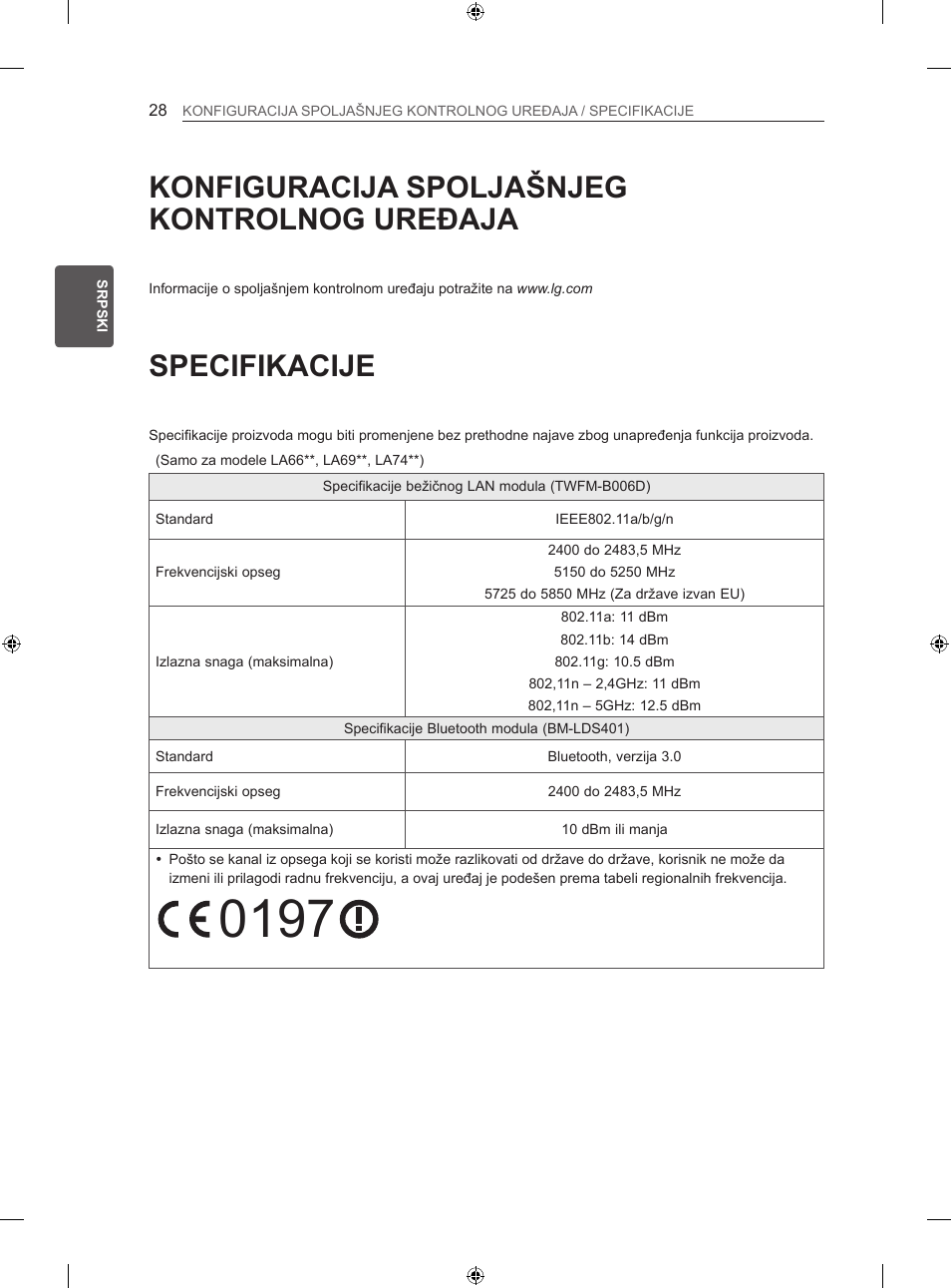 Specifikacije, Konfiguracija spoljašnjeg kontrolnog uređaja | LG 42LA740S User Manual | Page 334 / 552