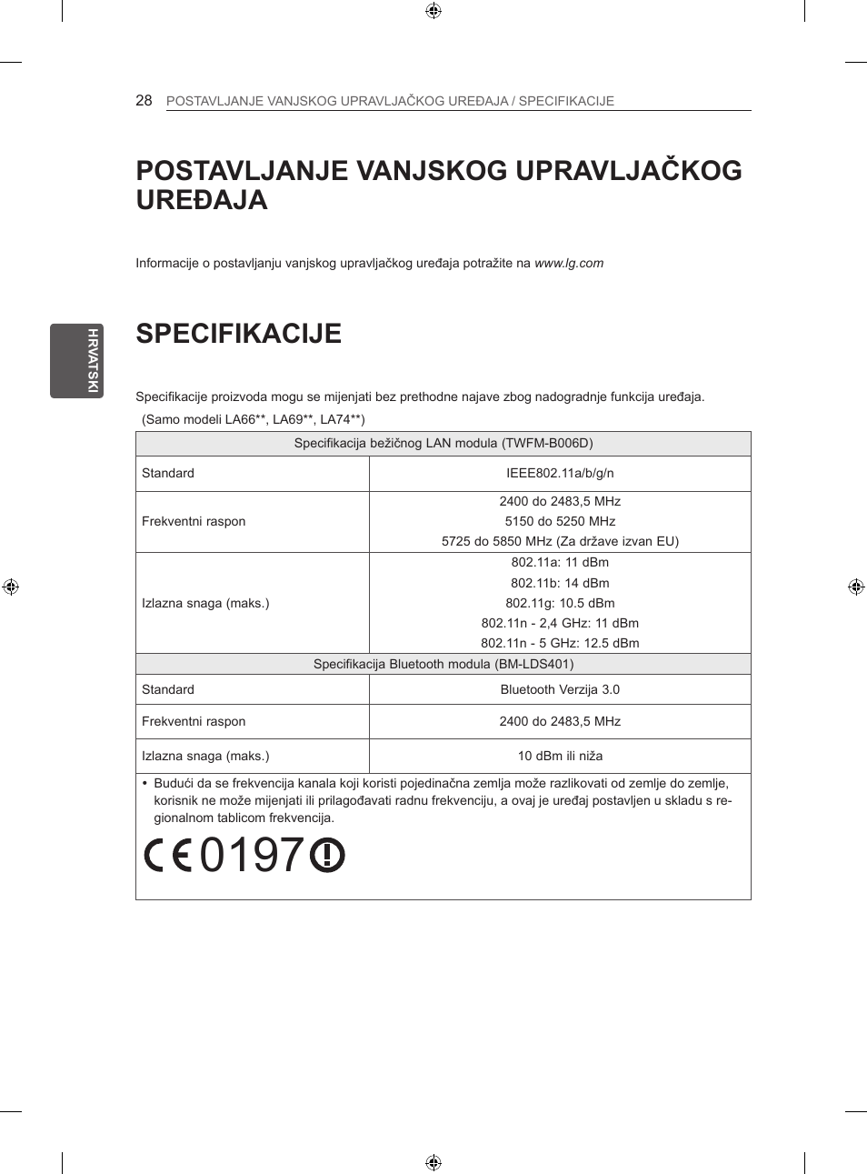 Specifikacije, Postavljanje vanjskog upravljačkog uređaja | LG 42LA740S User Manual | Page 364 / 552