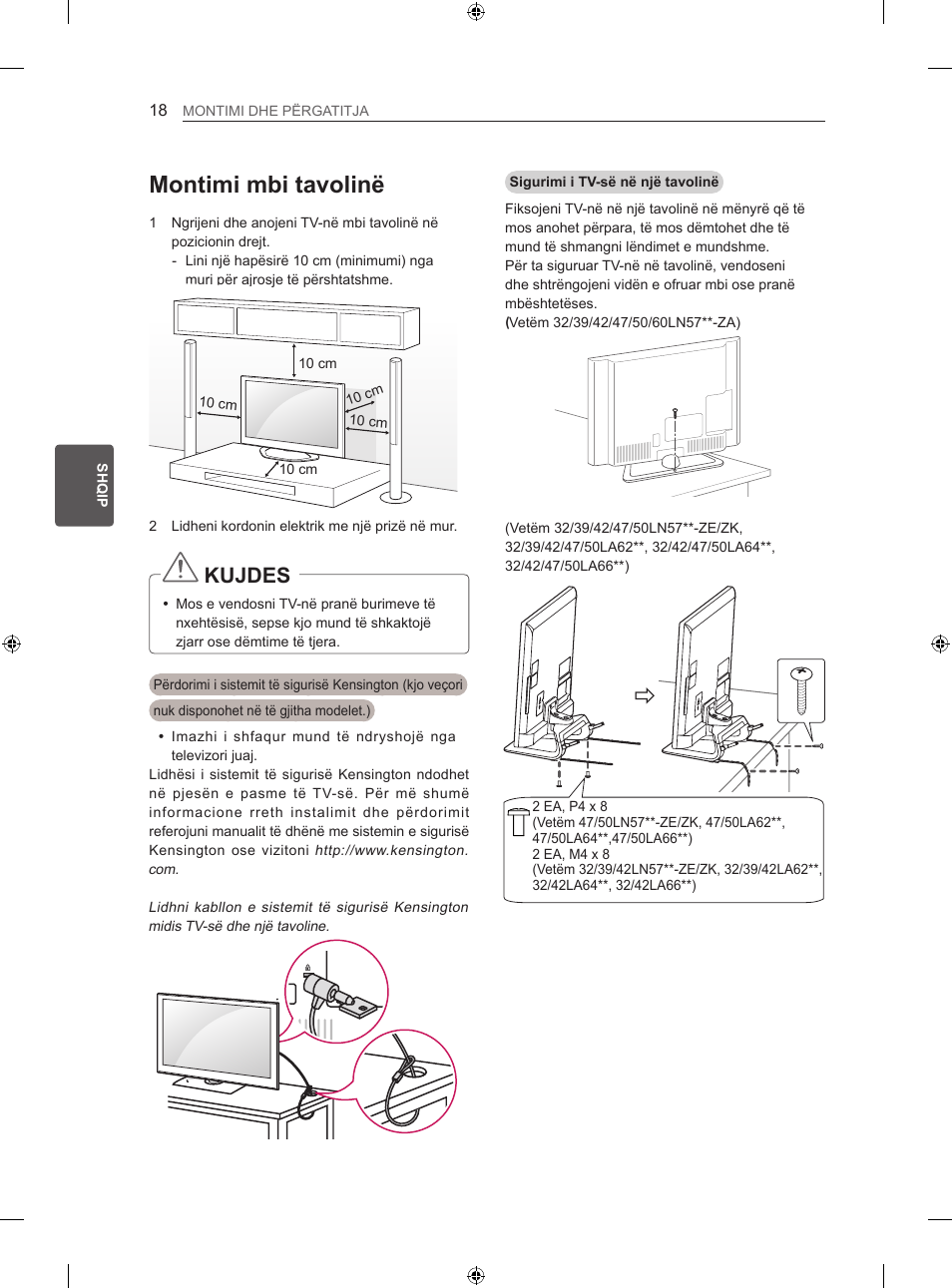 Montimi mbi tavolinë, Kujdes | LG 42LA740S User Manual | Page 384 / 552