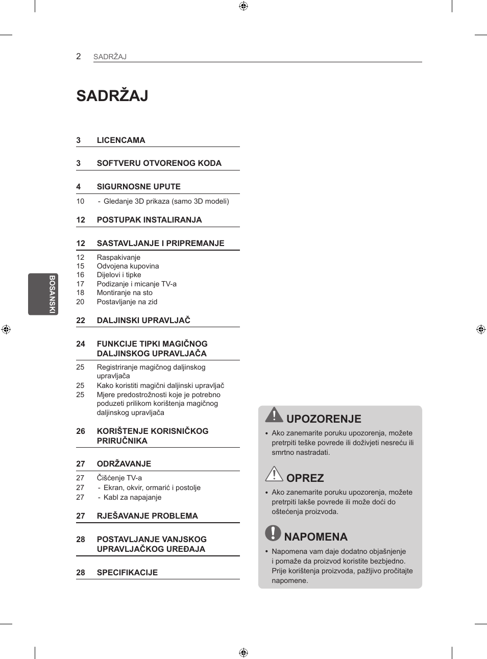 Sadržaj, Upozorenje, Oprez | Napomena | LG 42LA740S User Manual | Page 398 / 552