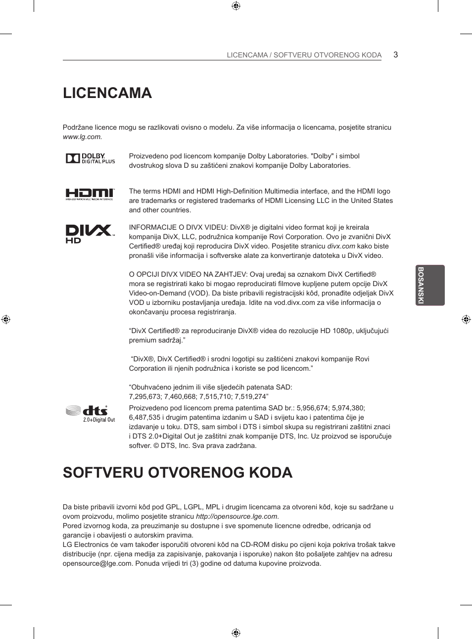 Licencama, Softveru otvorenog koda | LG 42LA740S User Manual | Page 399 / 552