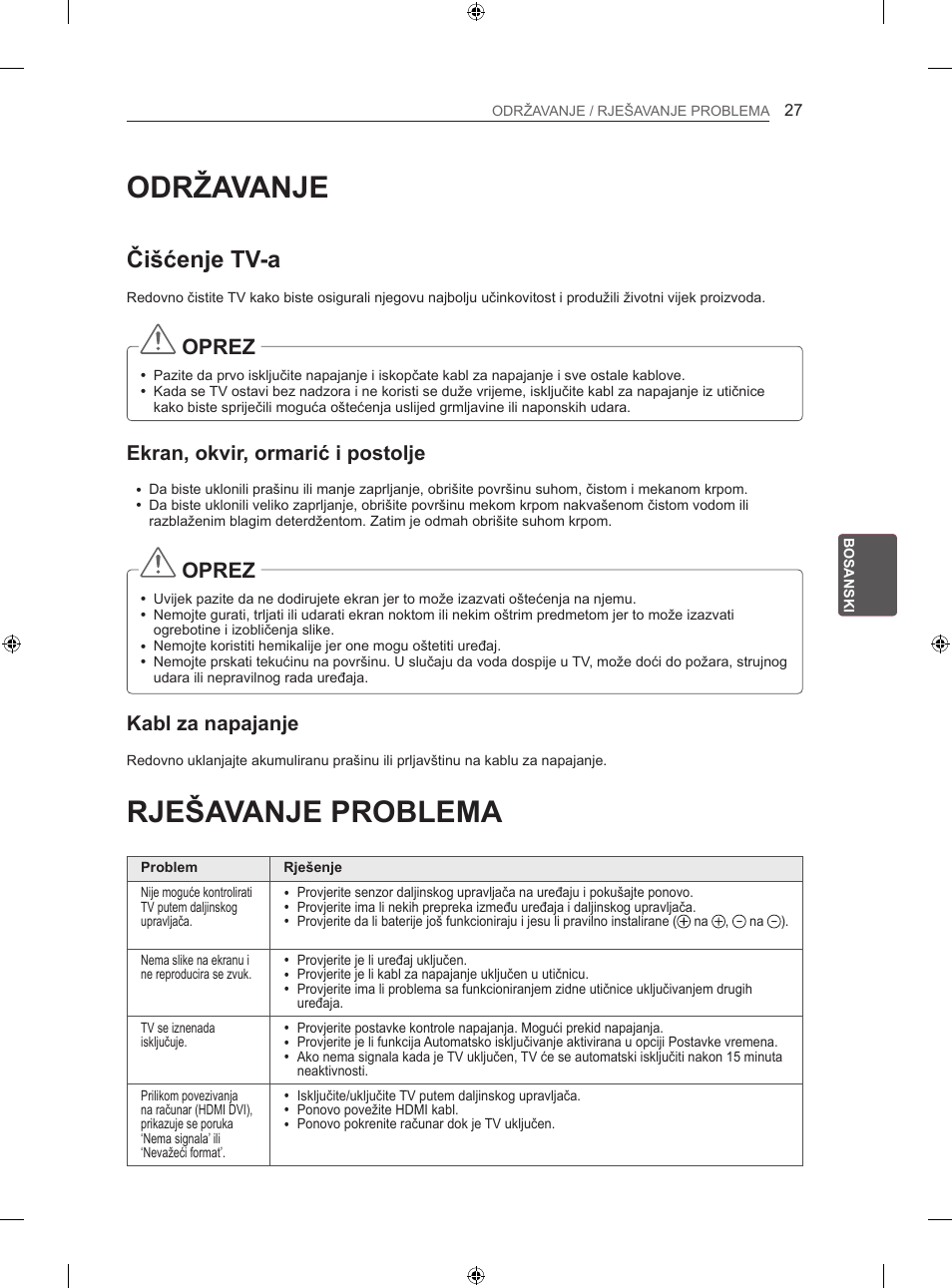 Održavanje, Rješavanje problema, Čišćenje tv-a | Oprez, Ekran, okvir, ormarić i postolje, Kabl za napajanje | LG 42LA740S User Manual | Page 423 / 552