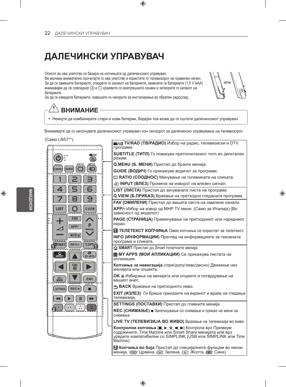 Далечински управувач, Внимание | LG 42LA740S User Manual | Page 448 / 552