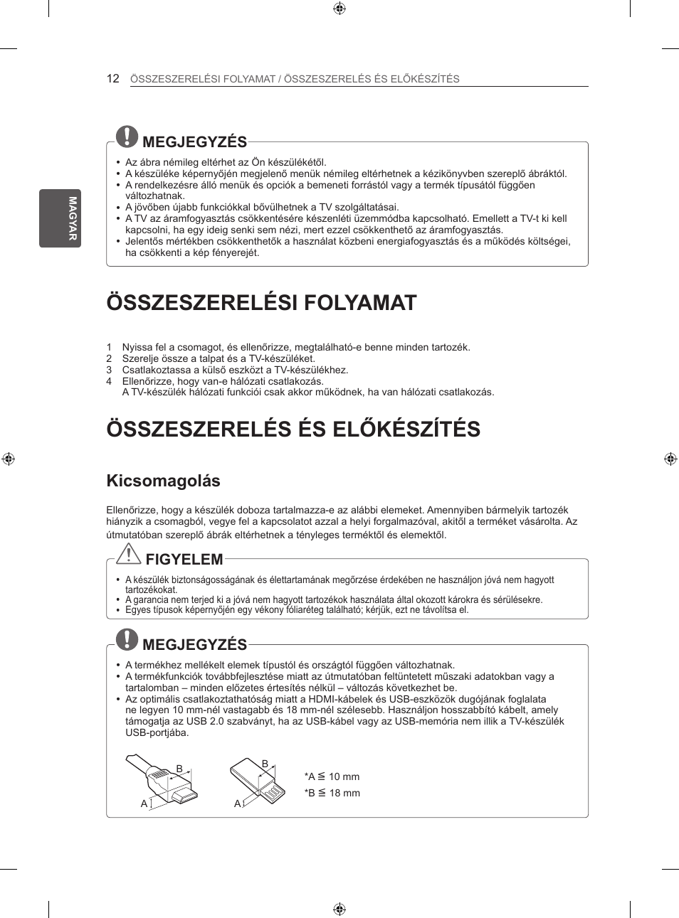 Összeszerelési folyamat, Összeszerelés és előkészítés, Kicsomagolás | Megjegyzés, Figyelem | LG 42LA740S User Manual | Page 48 / 552