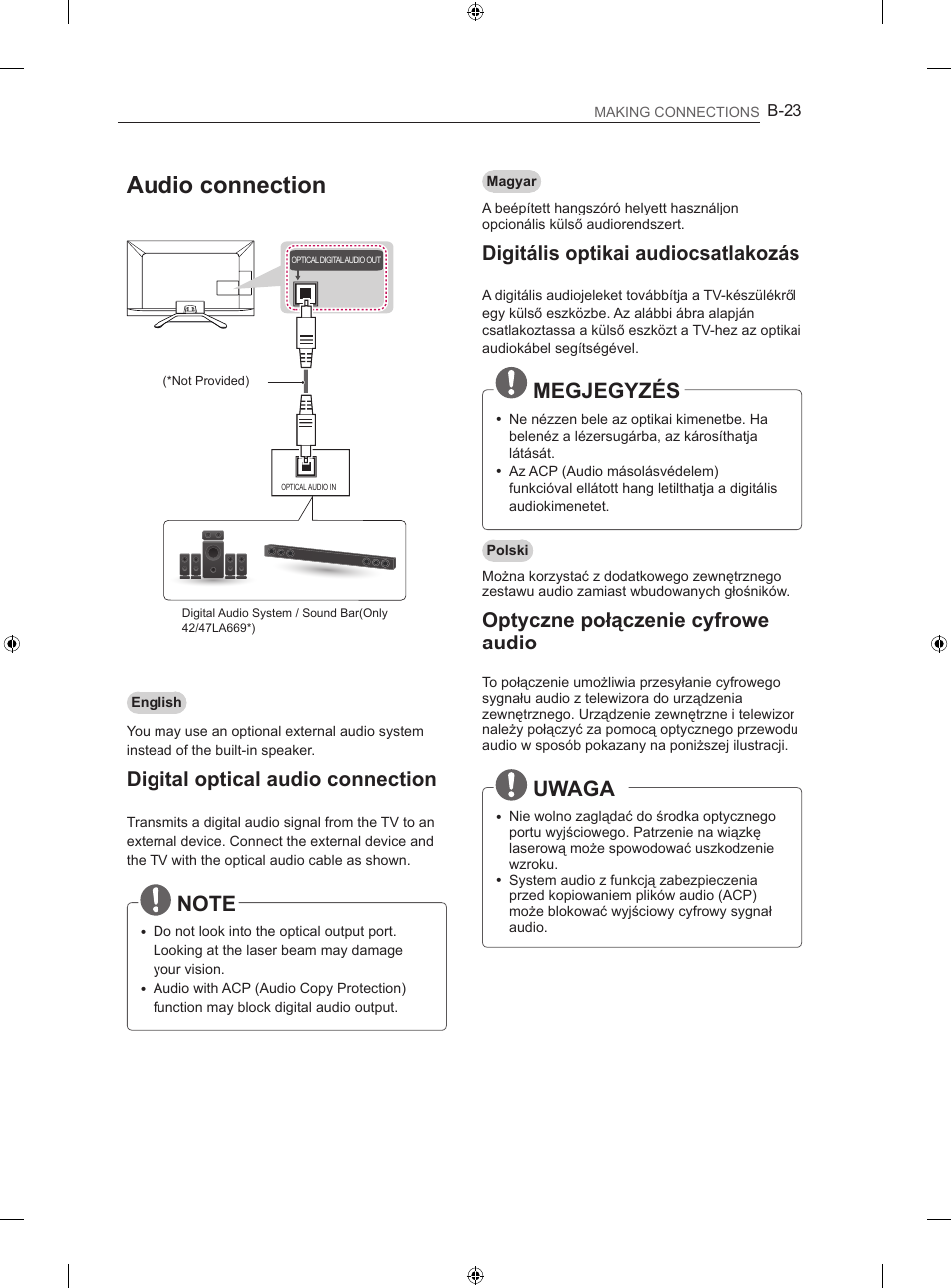 Audio connection, Megjegyzés, Uwaga | Digital optical audio connection, Digitális optikai audiocsatlakozás, Optyczne połączenie cyfrowe audio | LG 42LA740S User Manual | Page 509 / 552