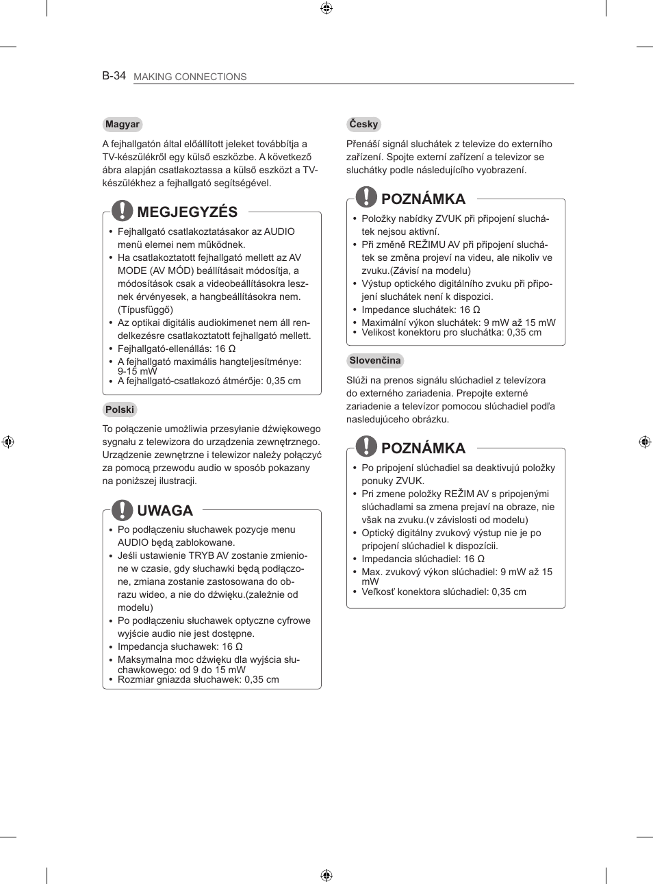 Megjegyzés, Uwaga, Poznámka | LG 42LA740S User Manual | Page 520 / 552