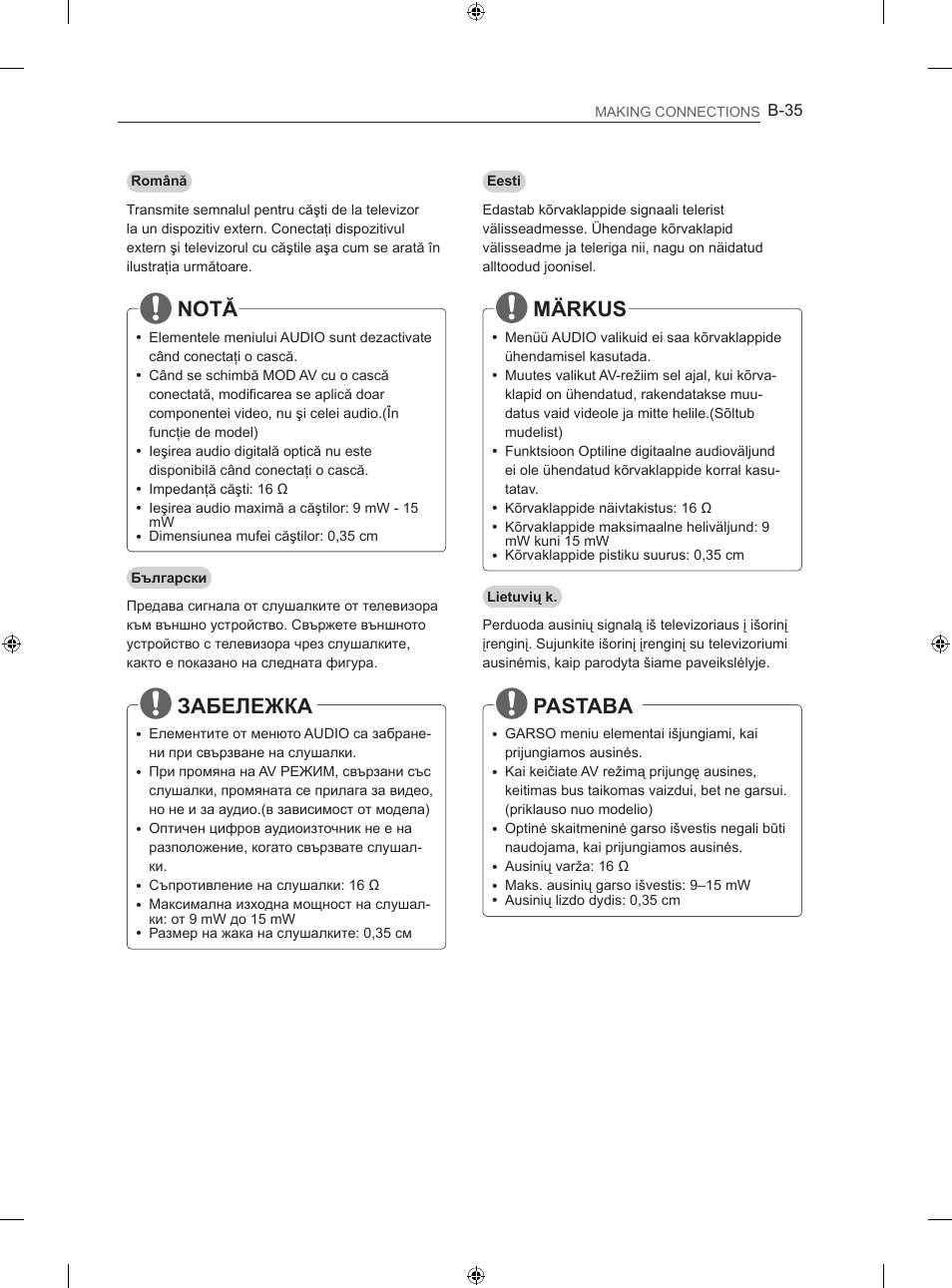 Notă, Забележка, Märkus | Pastaba | LG 42LA740S User Manual | Page 521 / 552