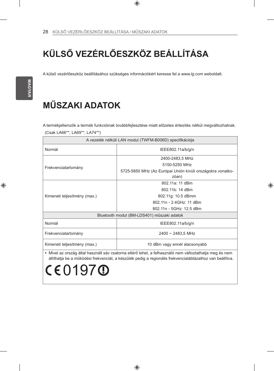 Műszaki adatok, Külső vezérlőeszköz beállítása | LG 42LA740S User Manual | Page 64 / 552