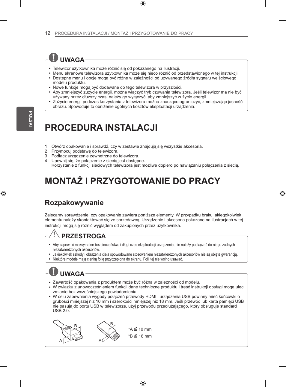 Procedura instalacji, Montaż i przygotowanie do pracy, Rozpakowywanie | Uwaga, Przestroga | LG 42LA740S User Manual | Page 78 / 552