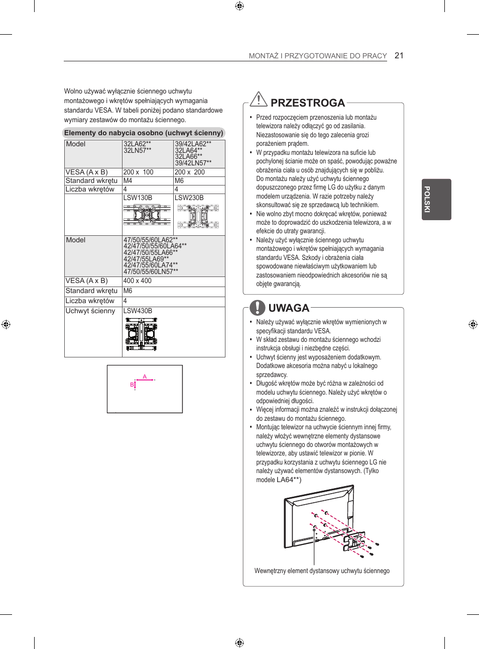 Przestroga, Uwaga | LG 42LA740S User Manual | Page 87 / 552