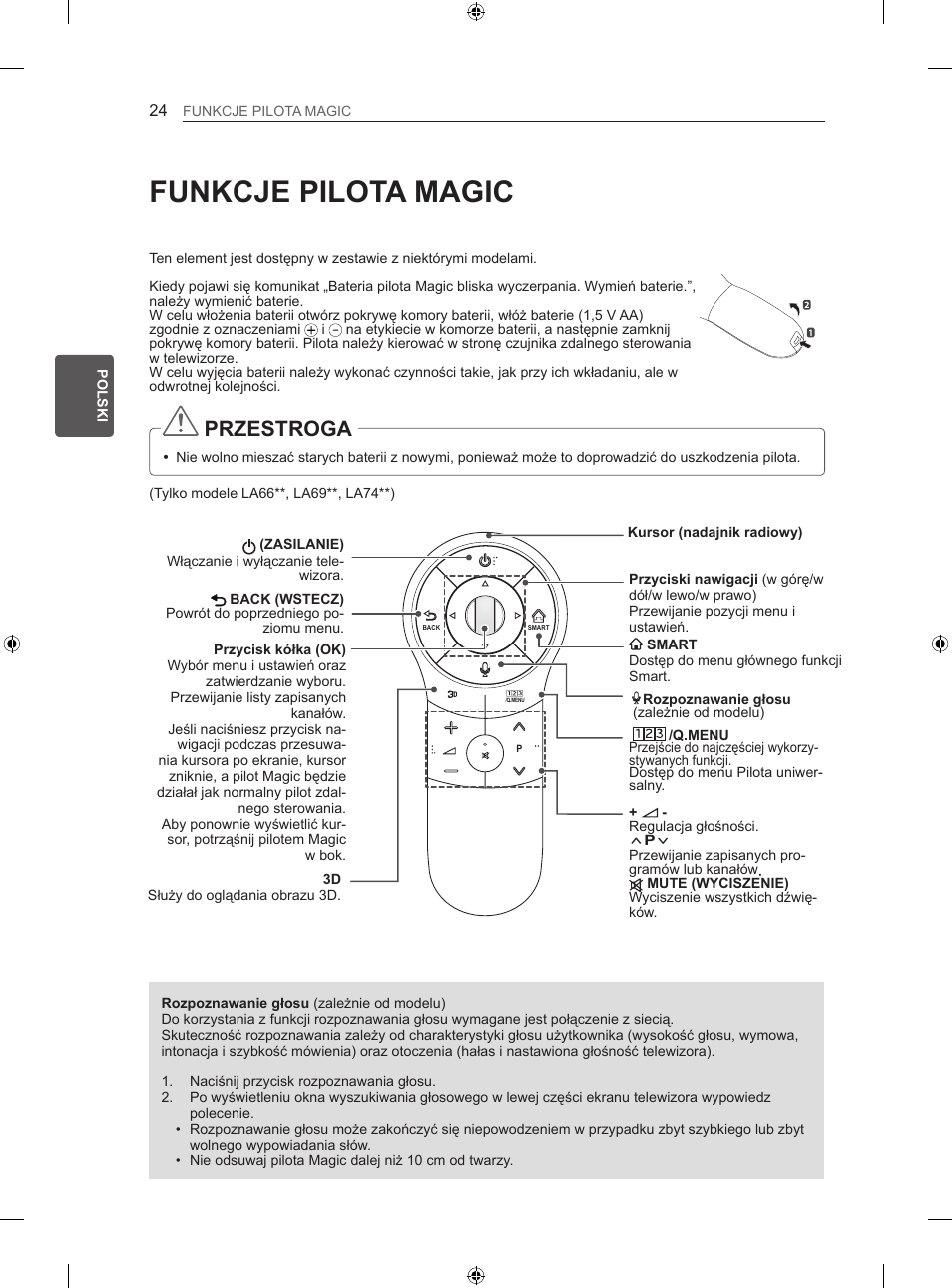 Funkcje pilota magic, Przestroga | LG 42LA740S User Manual | Page 90 / 552