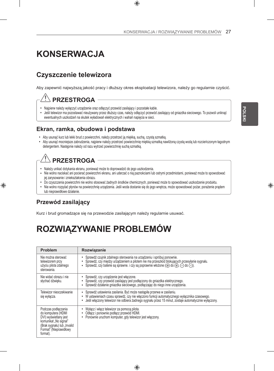 Konserwacja, Rozwiązywanie problemów, Czyszczenie telewizora | Przestroga, Ekran, ramka, obudowa i podstawa, Przewód zasilający | LG 42LA740S User Manual | Page 93 / 552