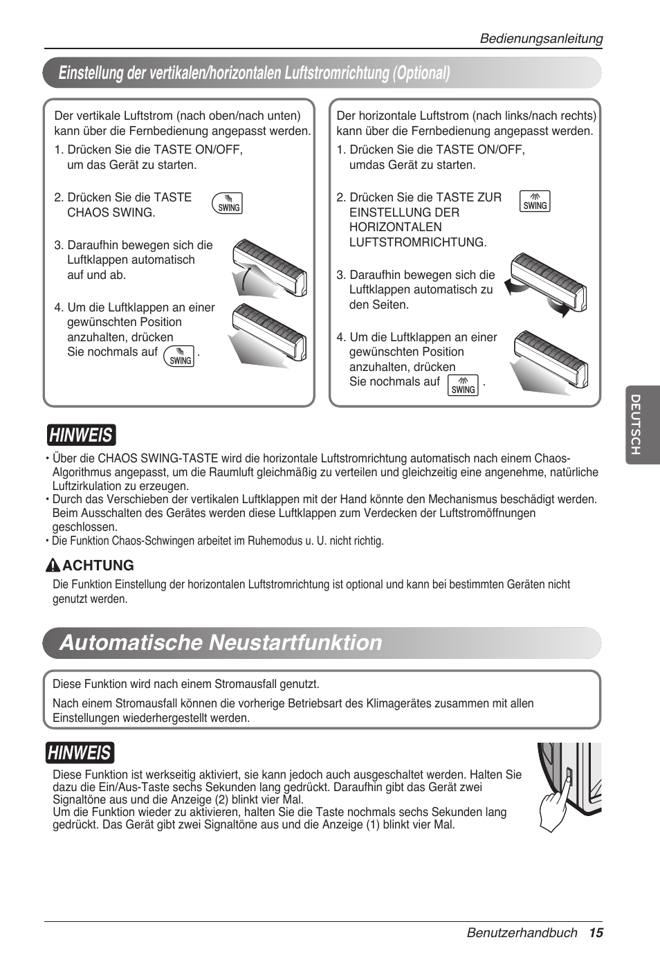 Automatische neustartfunktion, Ij i j, Hinweis | LG MC12AHV User Manual | Page 101 / 211