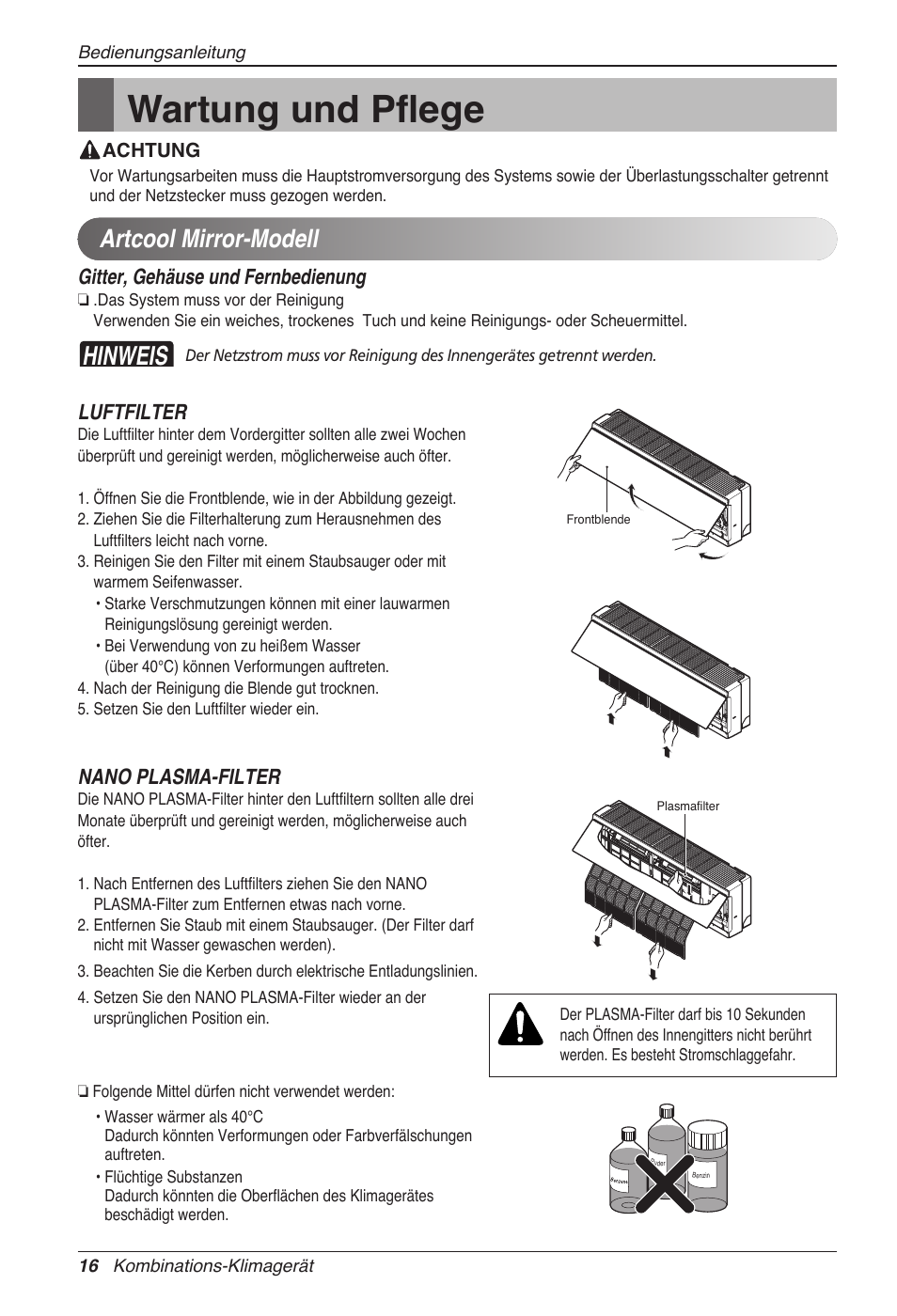 Wartung und pflege, Hinweis, Artcool mirror-modell | Gitter, gehäuse und fernbedienung, Luftfilter, Nano plasma-filter | LG MC12AHV User Manual | Page 102 / 211