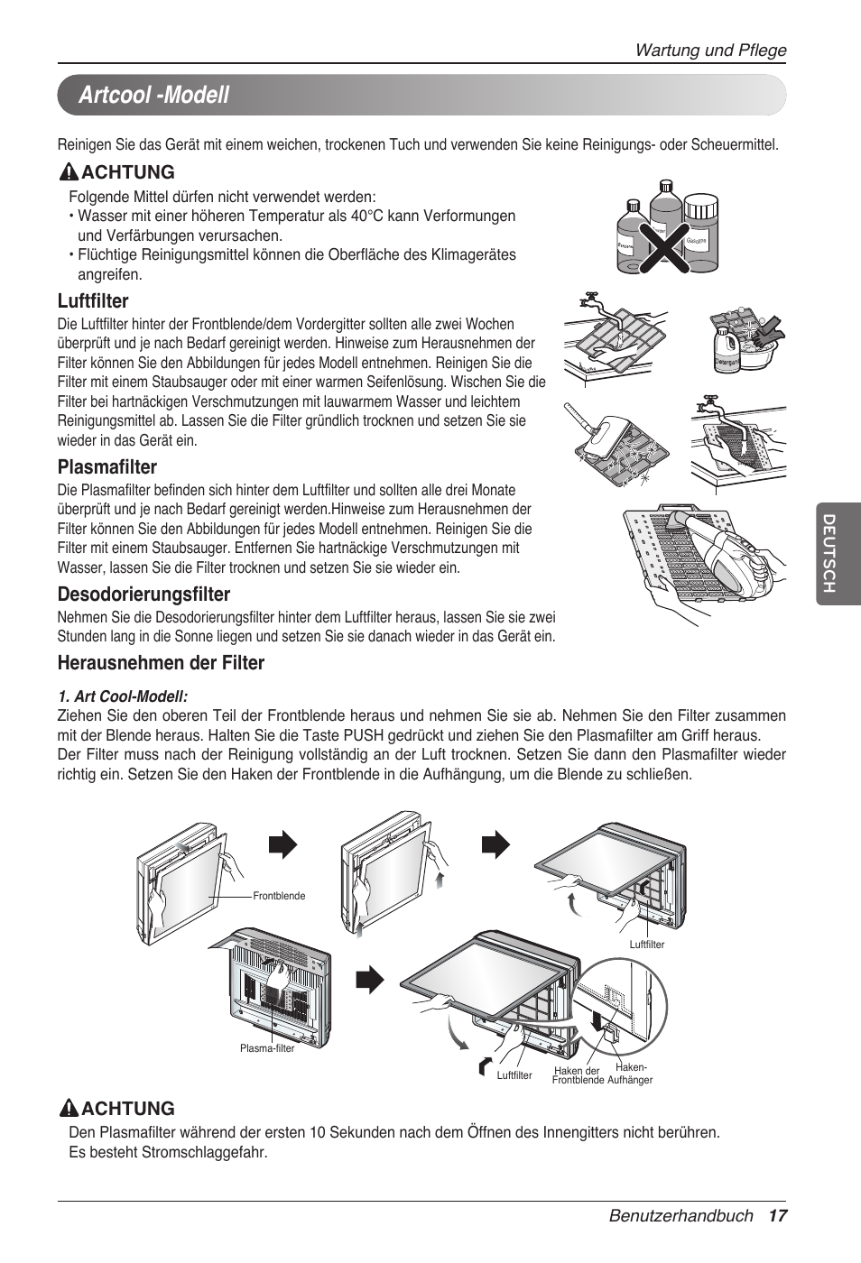 Artcool -modell, Luftfilter, Plasmafilter | Desodorierungsfilter, Herausnehmen der filter | LG MC12AHV User Manual | Page 103 / 211