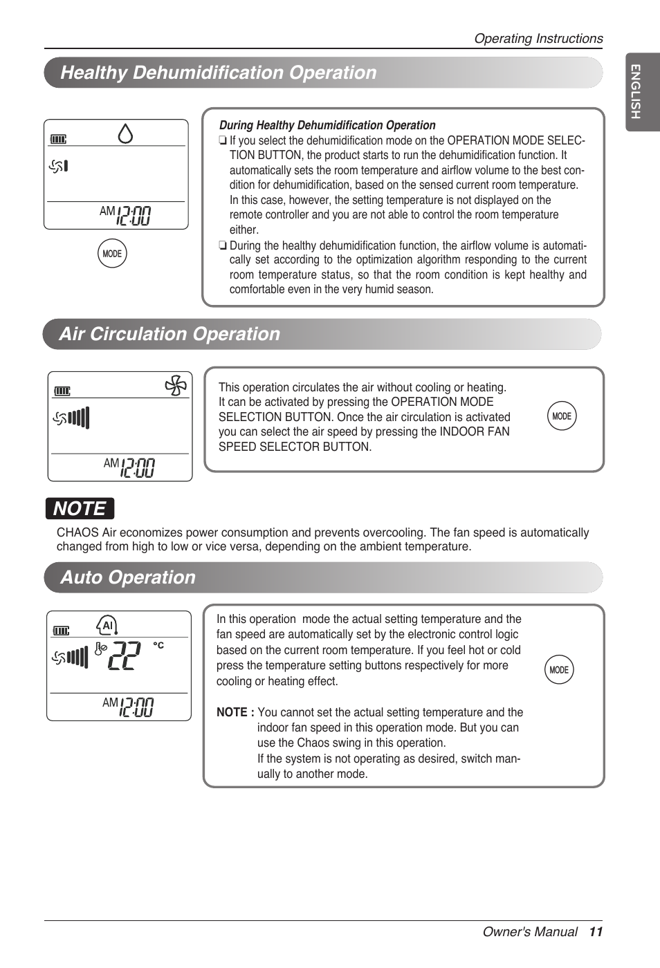 Healthy dehumidification operation, Air circulation operation, Auto operation | LG MC12AHV User Manual | Page 11 / 211